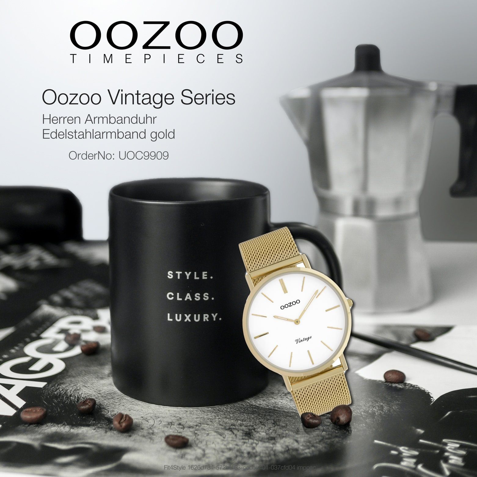 OOZOO Quarzuhr Oozoo Herren-Uhr gold Vintage, (Analoguhr), Herrenuhr rund, groß (ca. 40mm) Edelstahlarmband, Fashion-Style