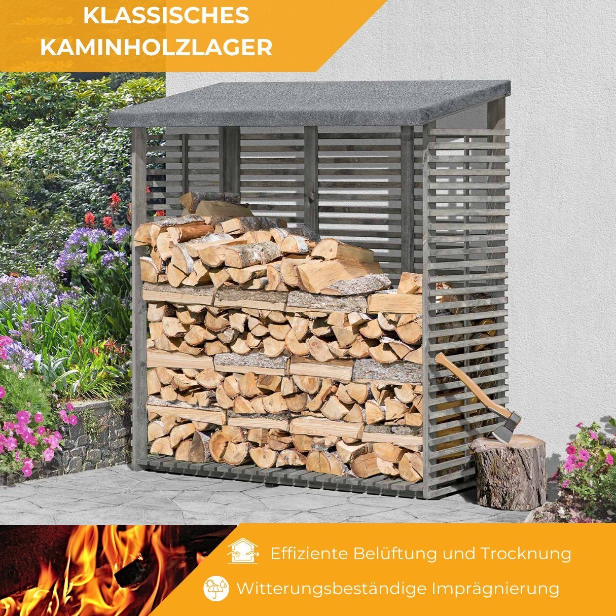 Mega-Holz Kaminholzregal 188 (B mit x 183 x 69 Kaminholzregal H) x S x T FLAMMO Rückwand