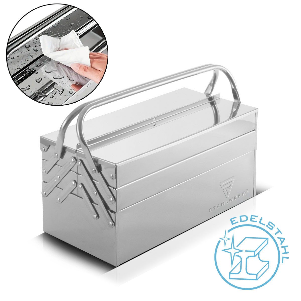 STAHLWERK Werkzeugbox Werkzeugkasten Edelstahl Werkzeugkiste leer Werkzeugbox aus Metall (Packung)