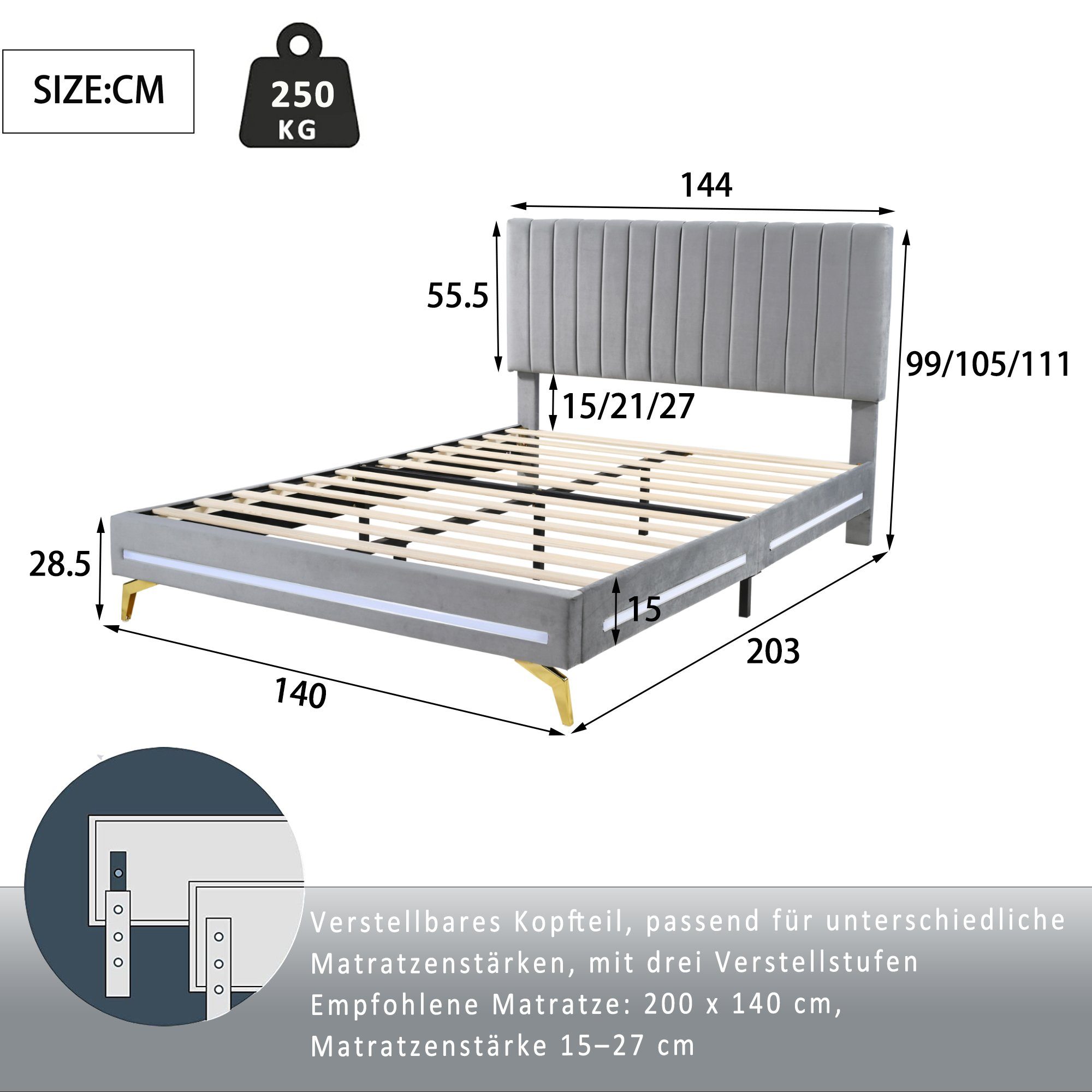 Polsterbett (Doppelbett), mit verstellbarem Kopfteil und LED Beleuchtung, Samt, 140x200cm