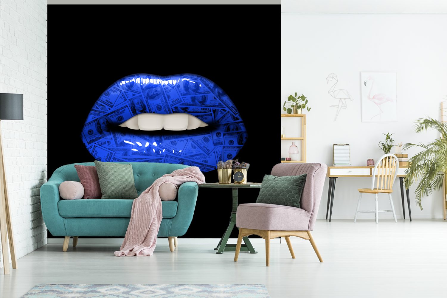 Tapete oder - Wandtapete (5 Schlafzimmer, MuchoWow bedruckt, Fototapete - Matt, St), Lippen Vinyl Geld Blau, Wohnzimmer für