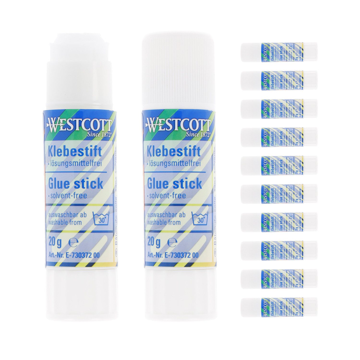 WESTCOTT Klebestift 20g (12 Stück), Bastelkleber mit 2cm transparentem Klebestreifen, (Vorteilspack, 12-tlg), Klebt stark und dauerhaft, 100% lösungsmittelfrei
