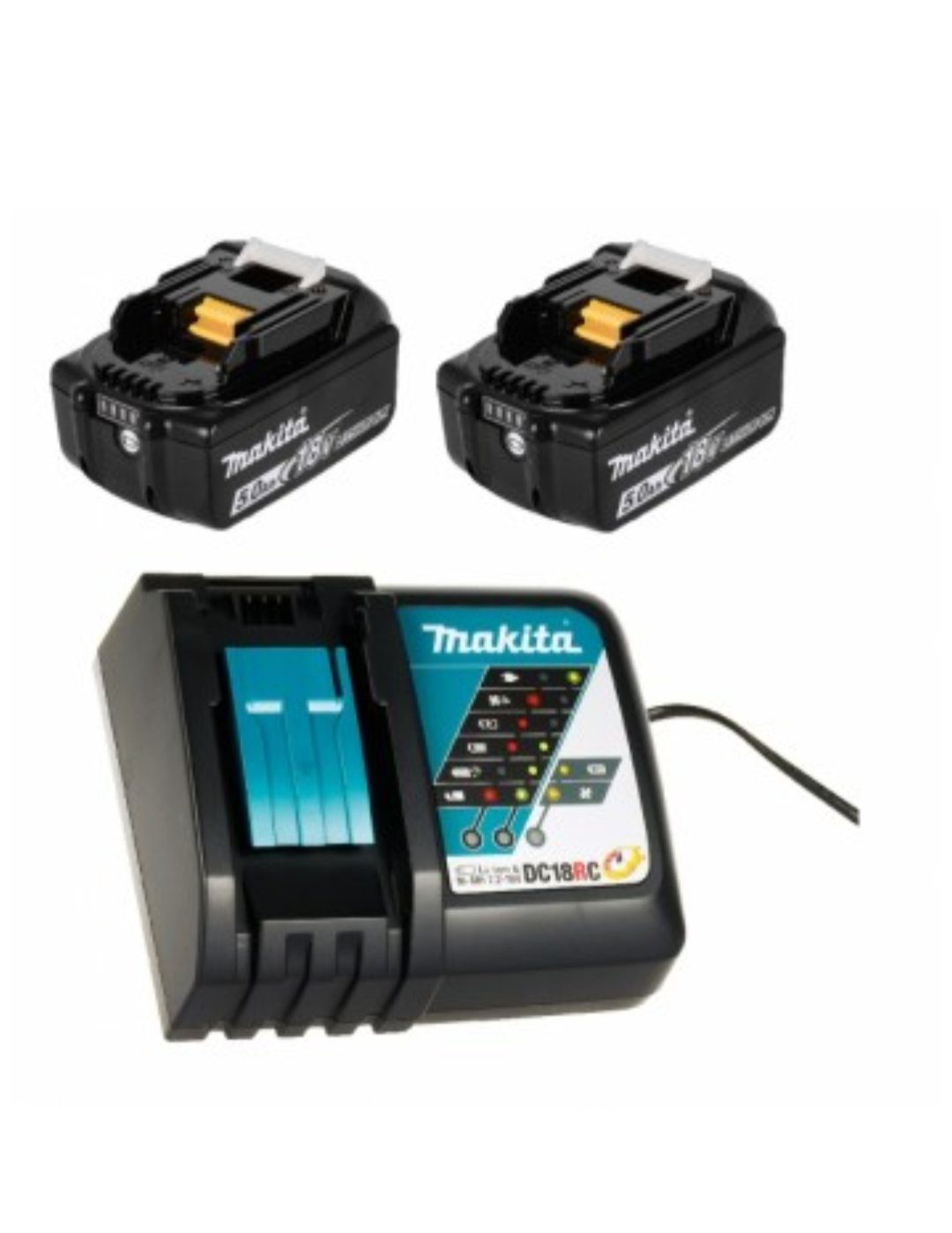 Makita Power Source-Kit BL1850B Akku Starter-Set Werkzeug-Akku-Ladetechnik (2 Akkus 5 Ah, 18 V, inkl. Schnellladegerät)