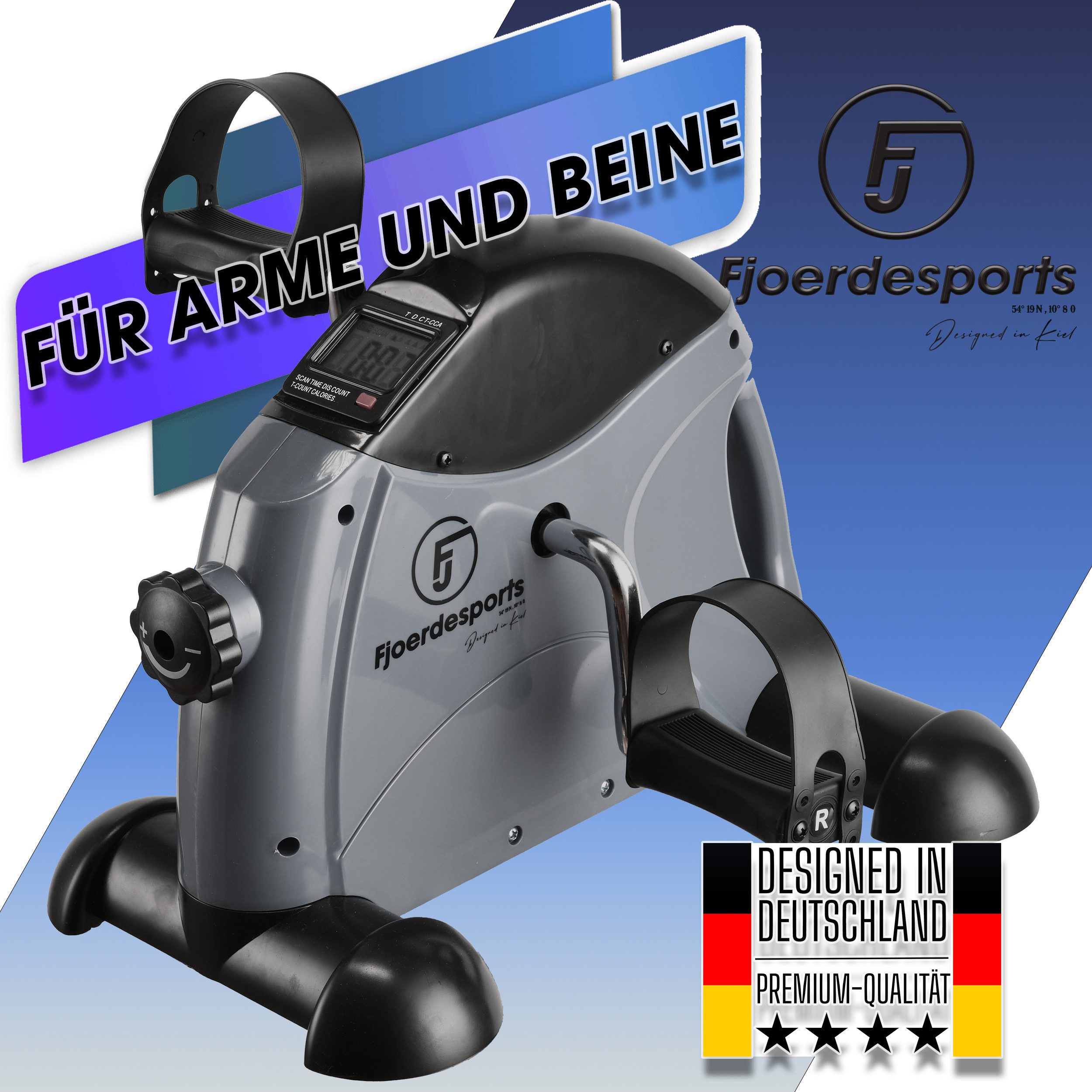 Fjoerdesports Heimtrainer Mini-Heimtrainer, Arm- und Beintrainer, Bewegungstrainer (Seniorentrainer, Trainieren im Home Office, besonders leise, verstellbarer Widerstand, Fitness, Workout, rutschfeste Standfüße, 100 kg max. Benutzergewicht, Pedaltrainer, Riemenantrieb, Bodenschonend, Muskelaufbau, Ausdauertraining), LCD-Display, Fitnesstraining, Training am Schreibtisch