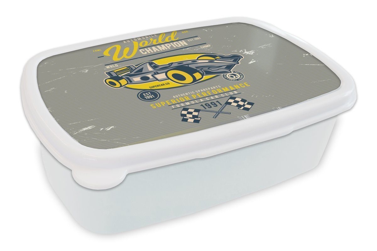 MuchoWow Lunchbox Rennwagen - Oldtimer - Flagge, Kunststoff, (2-tlg), Brotbox für Kinder und Erwachsene, Brotdose, für Jungs und Mädchen weiß