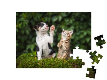 puzzleYOU Puzzle Welpe und Kätzchen beim Spielen, 48 Puzzleteile, puzzleYOU-Kollektionen Katzen-Puzzles