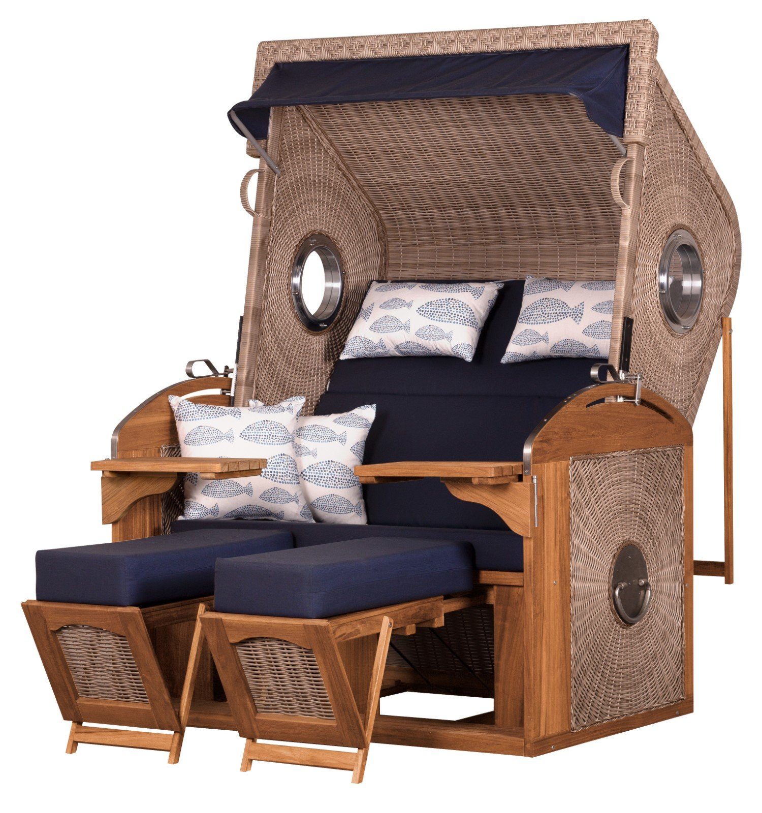 deVries PURE® Strandkorb Sailor XL - PE white kubu - Dessin 197, BxTxH: 135x90x165 cm, Halblieger, Ostsee-Strandkorb, feines Teakholz - inkl. Rückholfeder und Schutzhülle