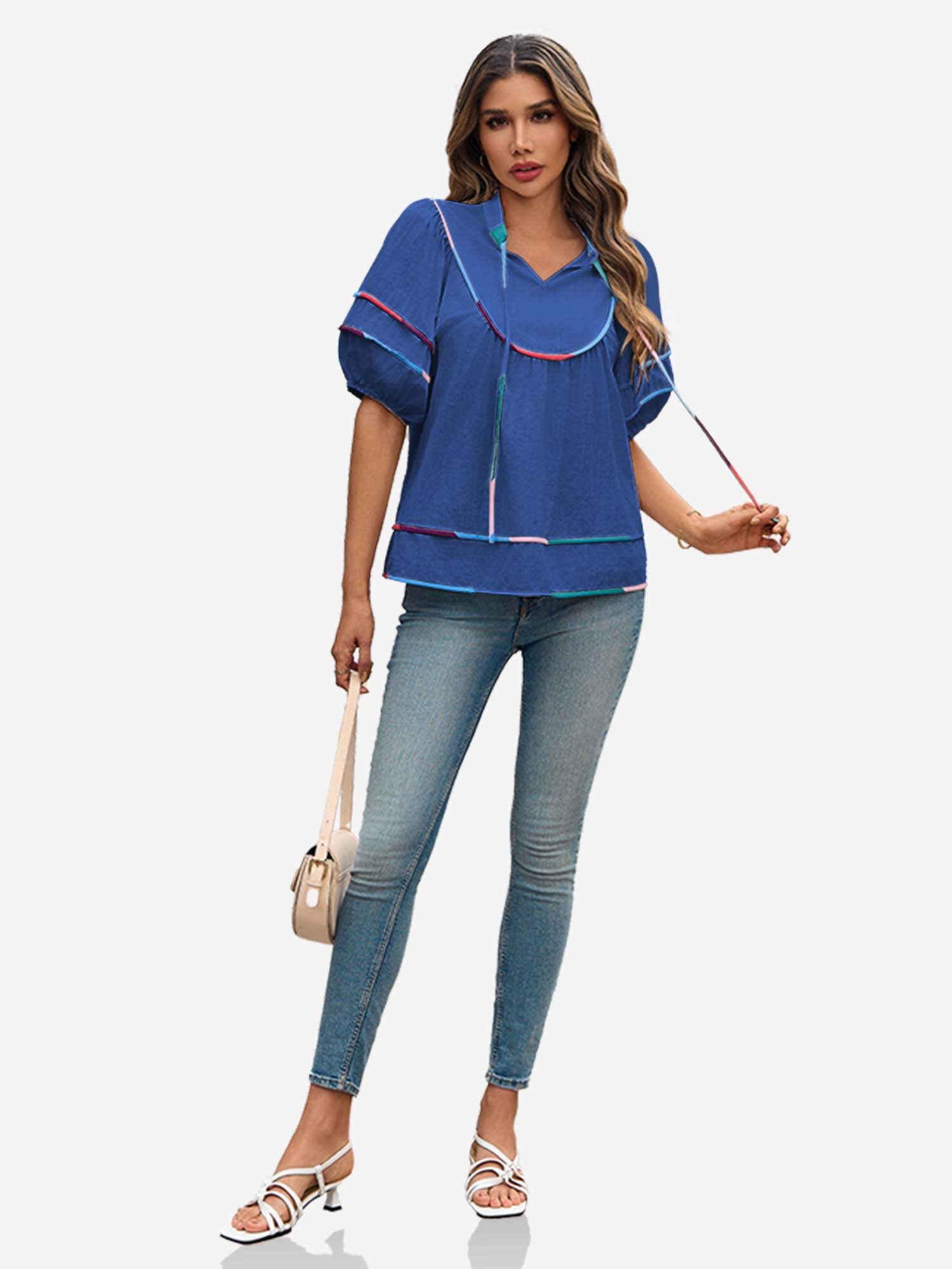 Imily Bela Blusentop Damen Bluse mit Puffärmeln und V-Ausschnitt (Packung, 1-tlg., 1per-Pack) mit Kordelzügen