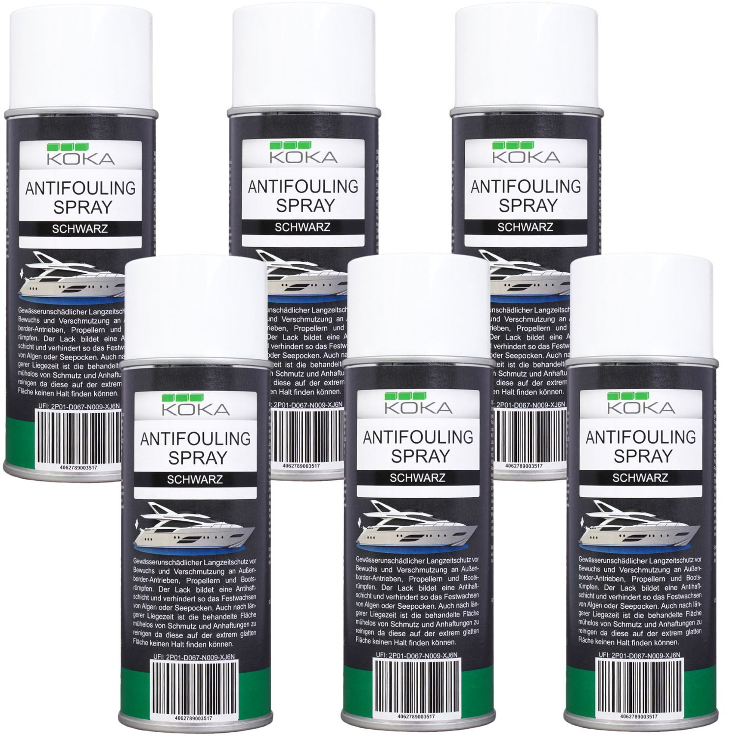 KOKA 6x Antifouling Spray Schwarz Bewuchs-Schutz Boot Lackschutz (Dosen, 6 St., 6x 400ml Dose), Langzeitschutz Antihaft-Schicht für Bootsrumpf Rumpf Antrieb Propeller