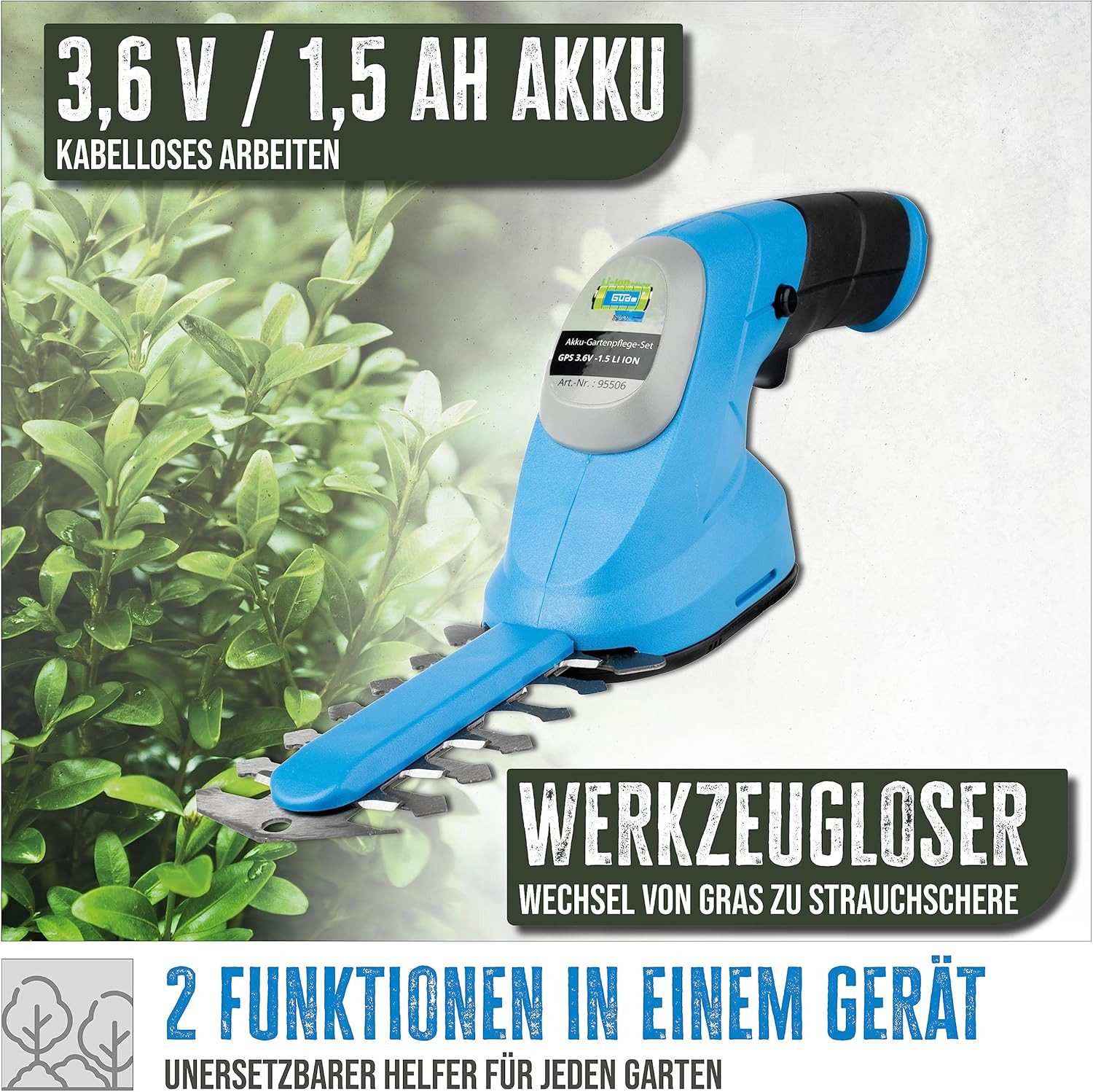 Güde Akku-Gras- und Strauchscherenset Akku Gartenpflege-Set GPS 3,6V-1.5 LI-ION Grasschere Strauchschere – Bild 5 von 5