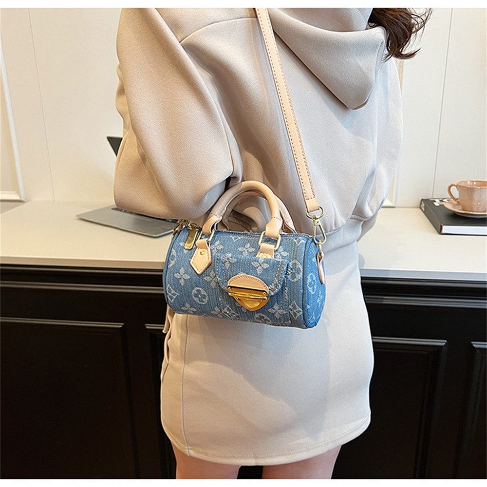 MOPUEA Umhängetasche Runde Damen-Henkeltasche aus Denim im Zylinderstil mit Schultergurt (Gewebt Denim Handtasche Vintage -Umhängetasche, 1-tlg), Crossbody Taschen für Frauen Frauentasche Kissenbeutel