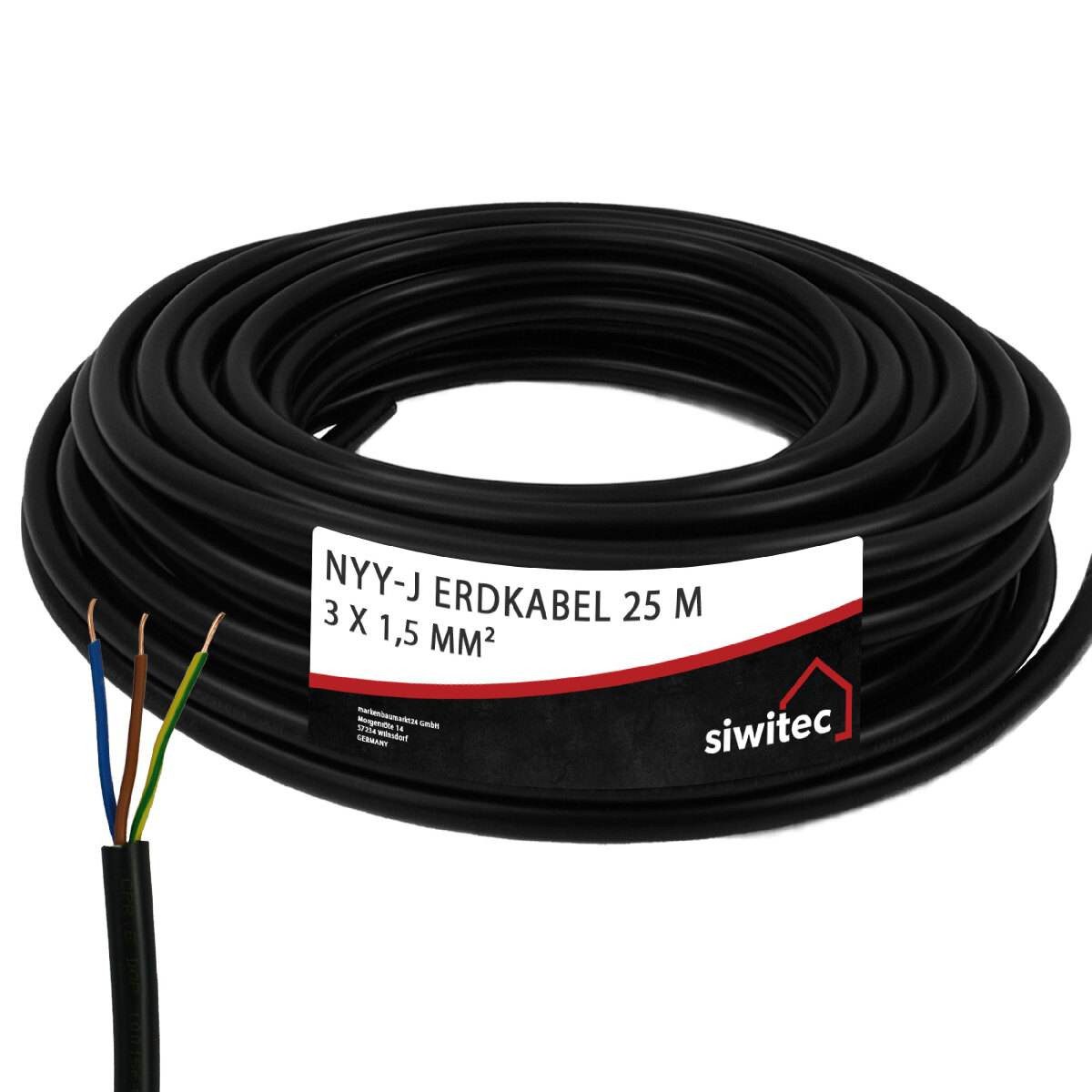 siwitec NYY-Kabel mit 3 Adern und 1,5 mm² Aderquerschnitt in 25 m Länge Erdkabel, NYY-Kabel, (2500 cm), Universell einsetzbar, 3-adrig, Polyvinylchlorid, Made in Germany
