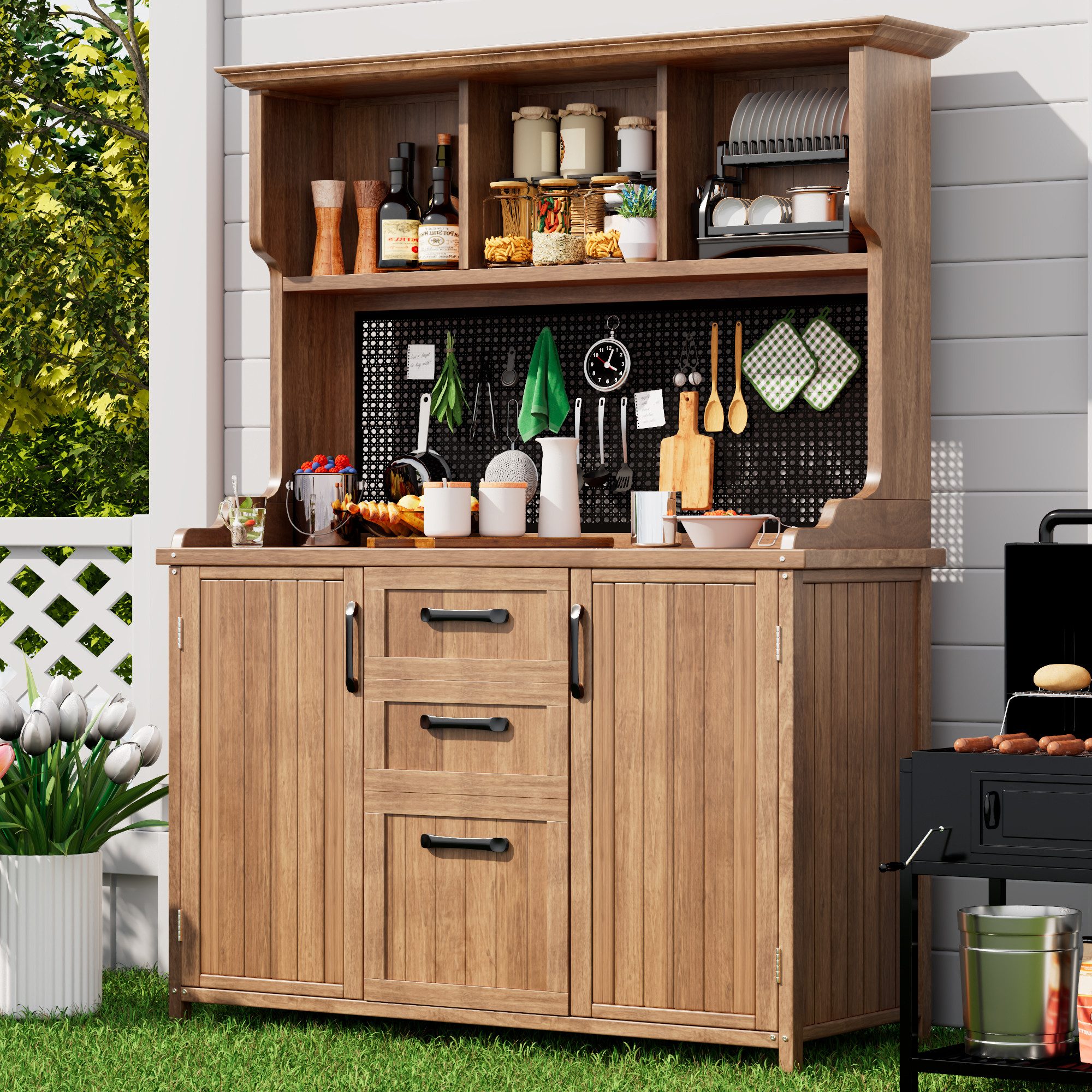 Flieks Buffet Garten Werkzeugschrank aus massivem Tannenholz mit Metall-Lochwand (Küchenbuffet für Terrasse, Balkon, Outdoor, 1-St., B133,6/T50/H185 cm) Werkstatt-Set Hochschrank mit Schubladen und verstellbar Einlegeböden