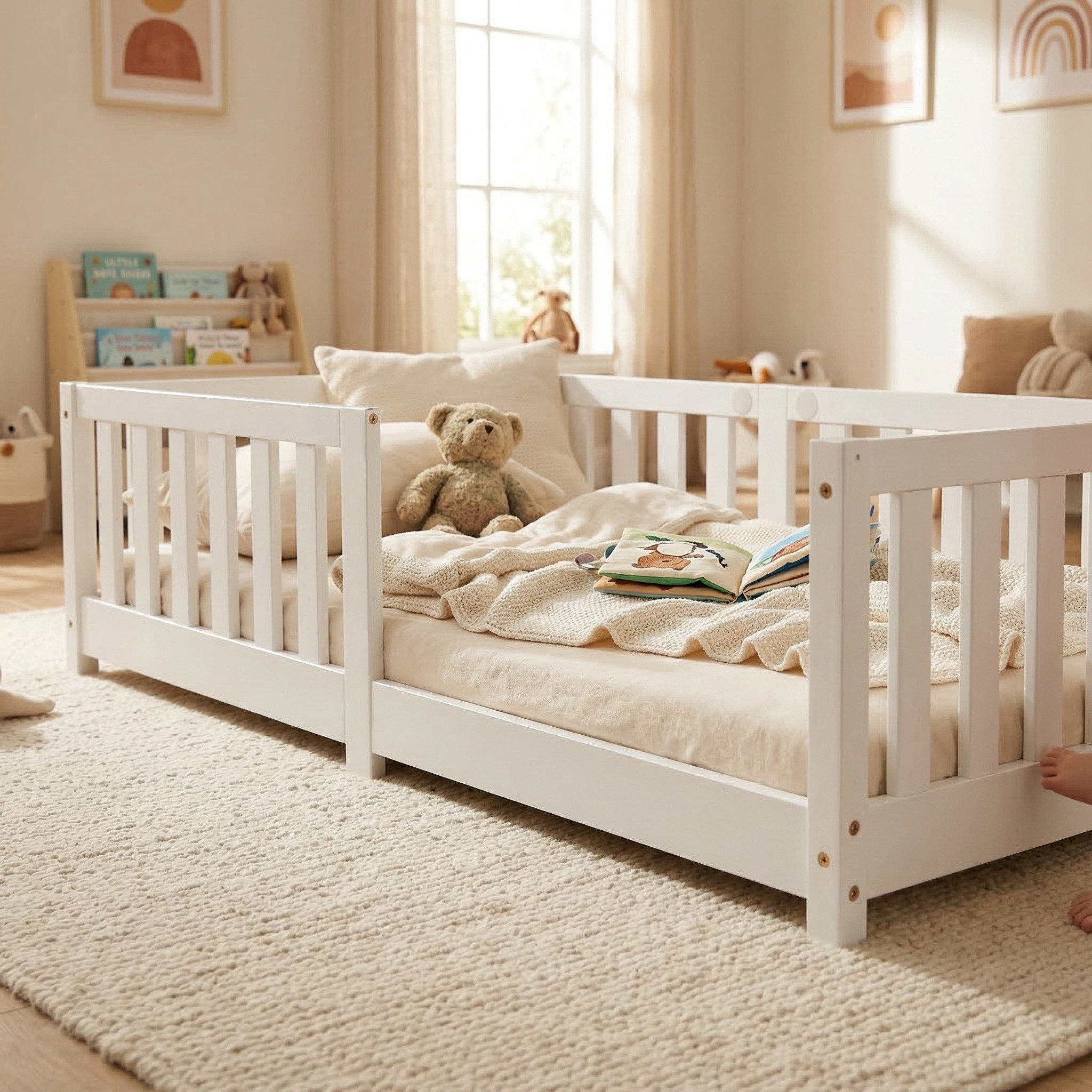 ecoMI Kinderbett mit Rausfallschutz inkl. Lattenrost, 90x200 & 80x160, Weiß & Natur, mit Rausfallschutz inkl. Lattenrost, 90x200 & 80x160, Weiß & Natur
