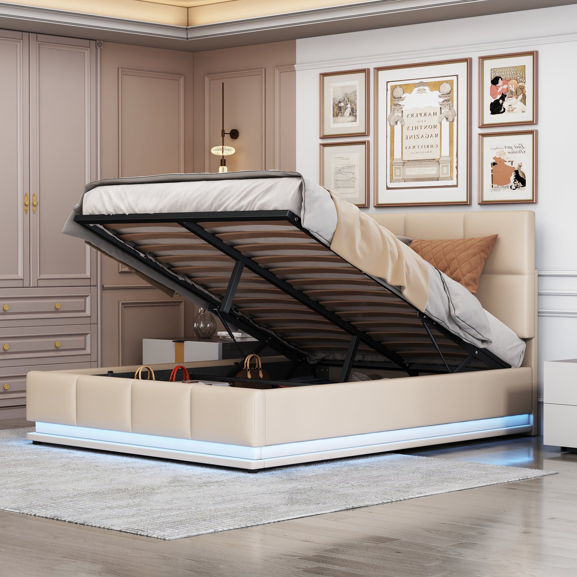 REDOM Polsterbett Doppelbett Bett Funktionsbett LED Hellgrau (mit Hydraulisch Beleuchtung aus Leder) Matratze ohne