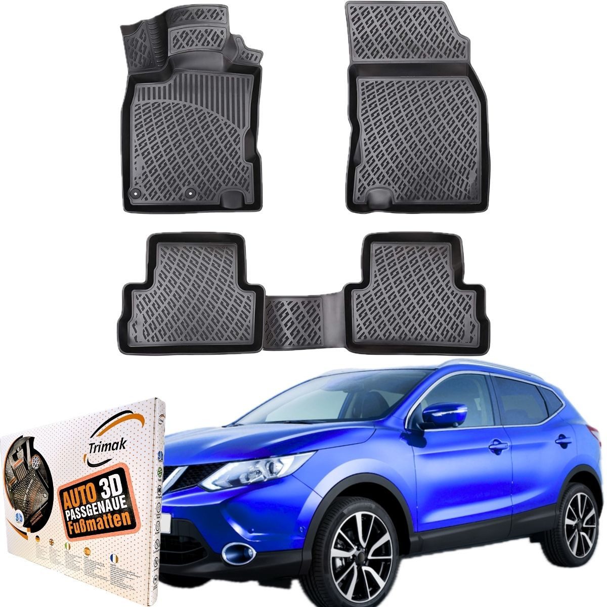 Trimak Passform-Fußmatten Oder Kofferraumwanne Oder Set kompatibel mit Nissan Qashqai, Nissan Qashqai 2. Gen. 2013-2021 Gummimatten Auto TPE Allwetter