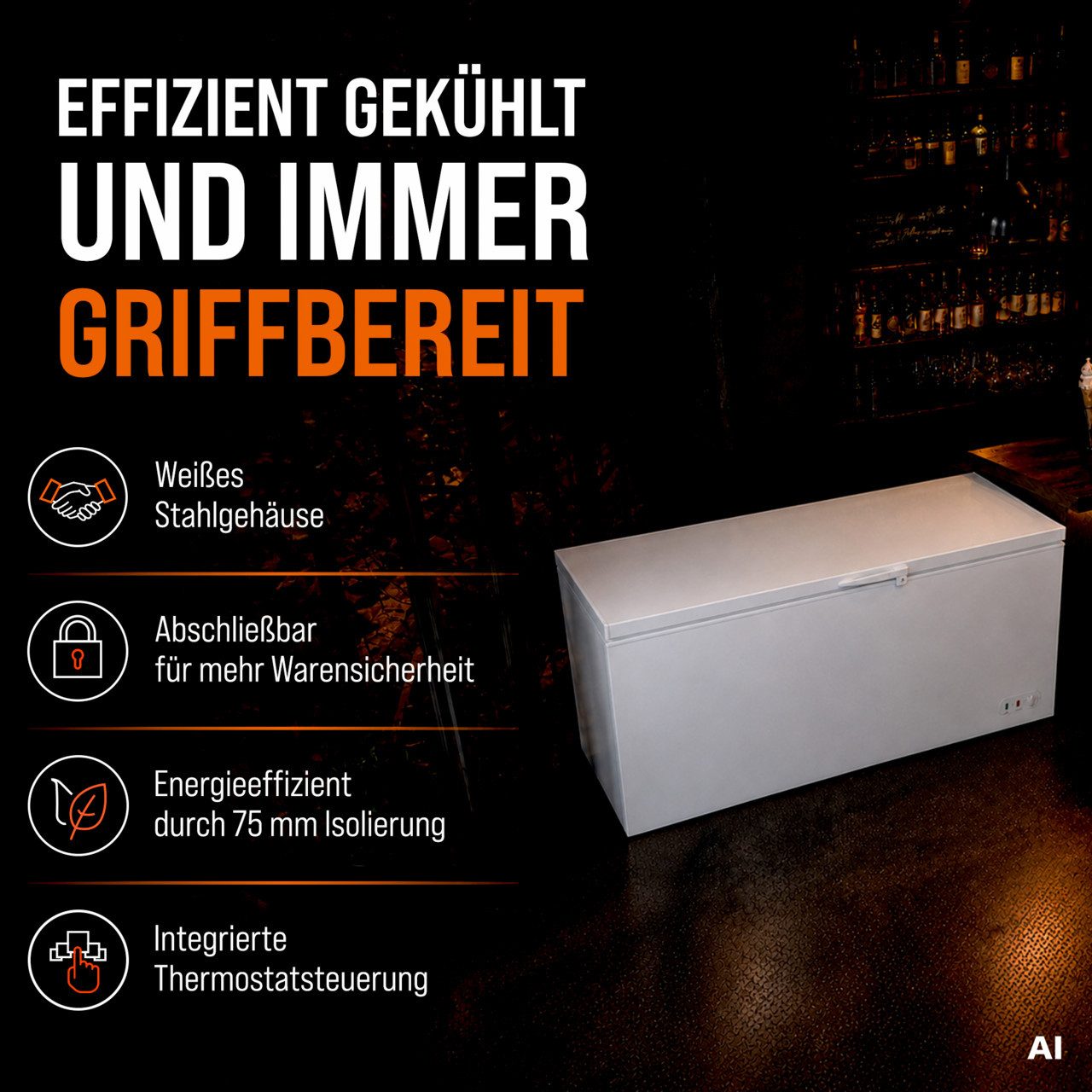 GastroHero Gefriertruhe Tiefkühltruhe ECO 650, 550L, Klappdeckel, abschließbar, Gastro TKTE650, 181.5 cm breit, Energieeffizienzklasse C, höhenverstellbare Füße – Bild 3 von 5