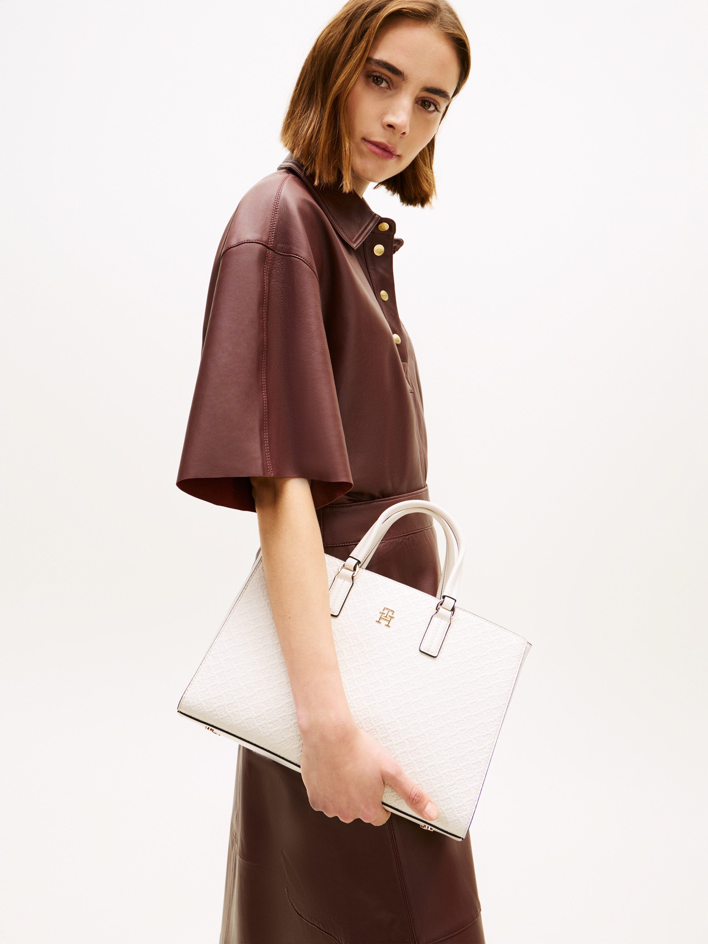 Tommy Hilfiger Henkeltasche TH DAILY SATCHEL MONO, Damen Tragetasche, Handtasche mit Allover TH-Logoprägung