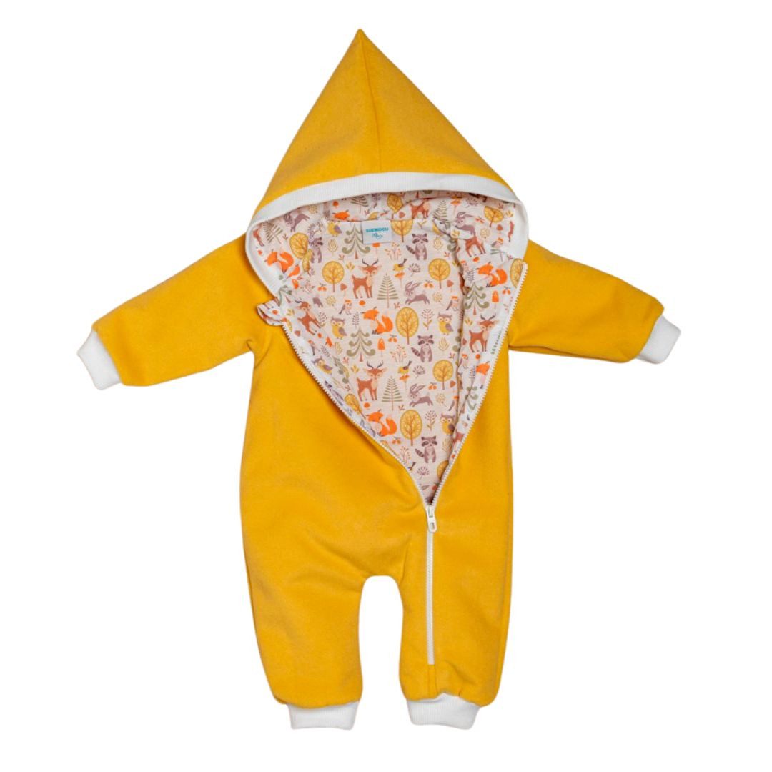 Fleeceoverall Wollfleece Overall mit Zwergenkapuze Wagenanzug Babyoverall