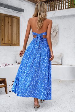 ZWY Dirndl Sling-bedrucktes Kleid mit V-Ausschnitt und Bohemian-Strandkleid (Größe: S-XL) Strap Waist Design Sommerkleider Damen leicht und luftig