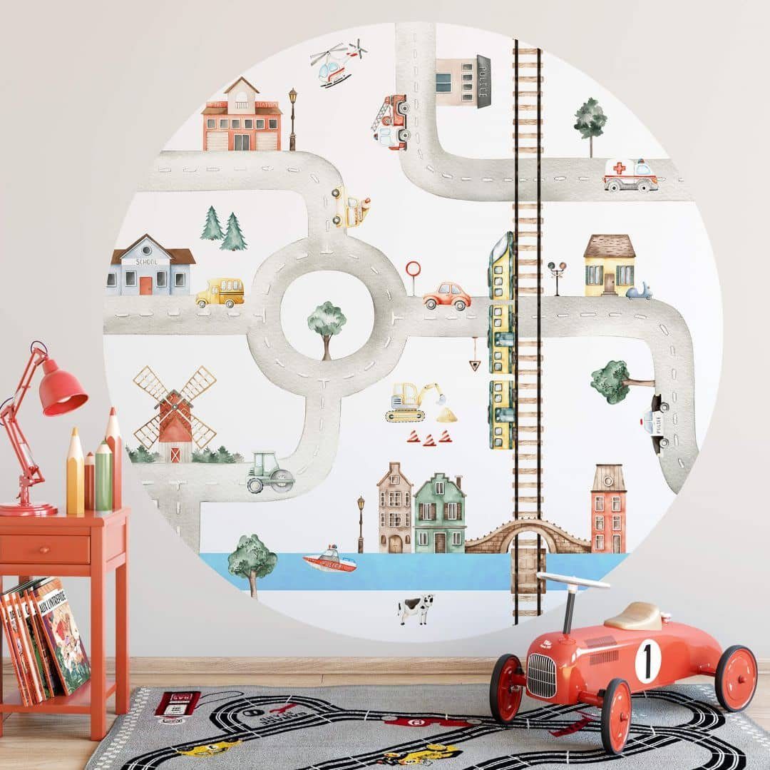 K&L Wall Art Fototapete Oliver Robins - Spielstraße, Vliestapete, rund, Zug Auto Traktor, große Kinder Motivtapete