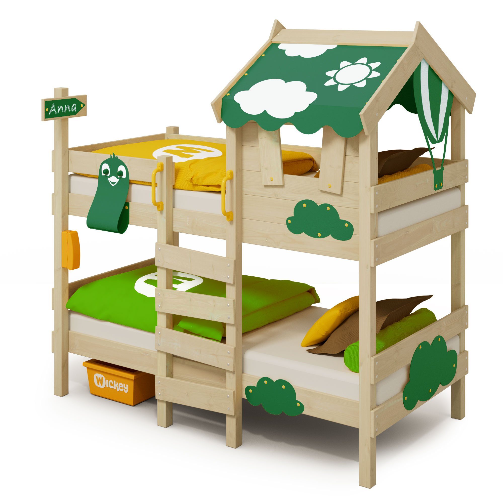 Wickey Kinderbett Crazy Daisy - Hochbett, Spielbett 90 x 200 cm (Holzpaket aus Pfosten und Brettern, Etagenbett mit Kletterleiter für Kinder), Massivholz grün