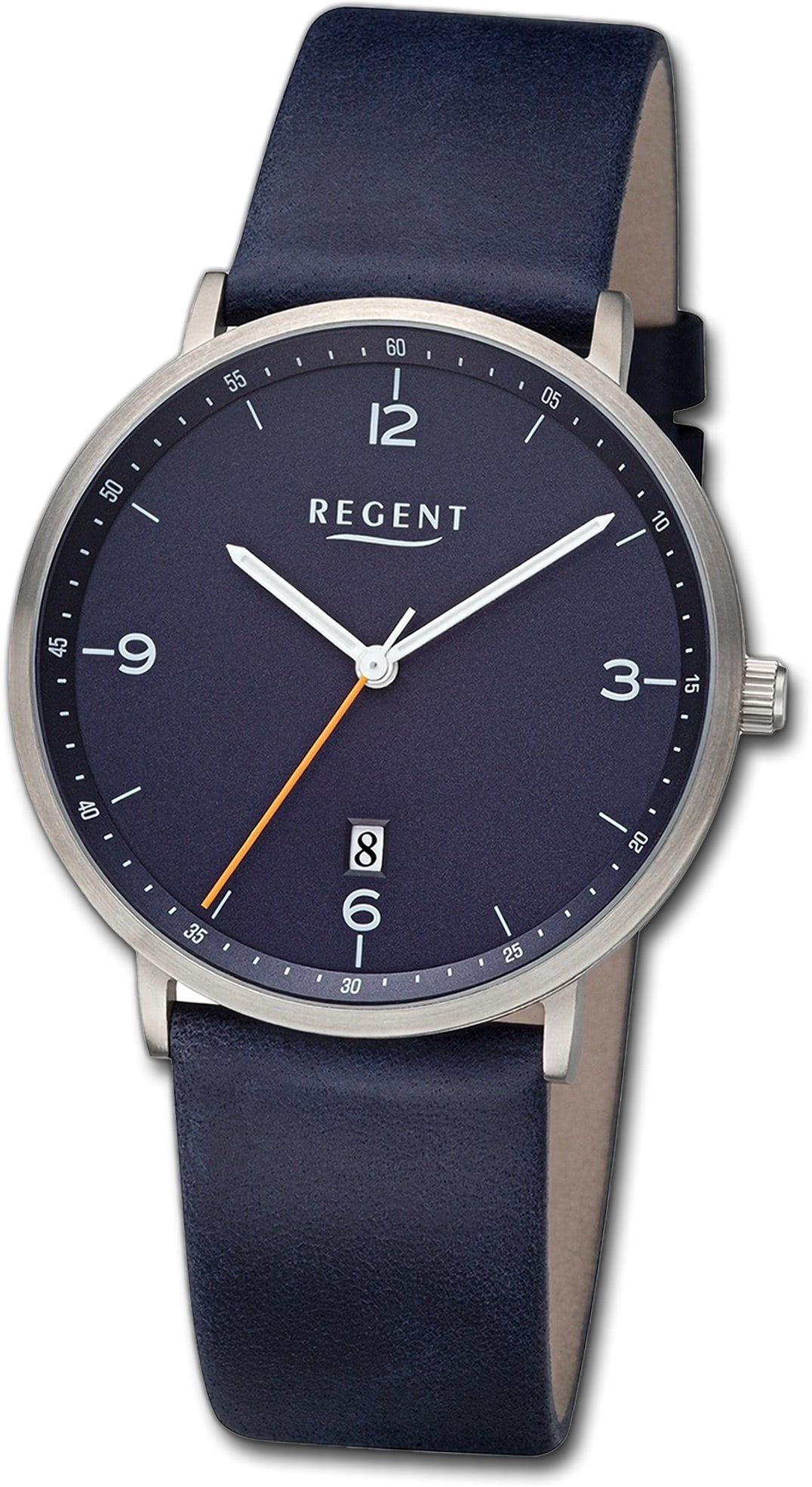 Regent Quarzuhr Regent Herren Armbanduhr Analog, Herrenuhr Lederarmband dunkelblau, rundes Gehäuse, groß (ca. 39mm)
