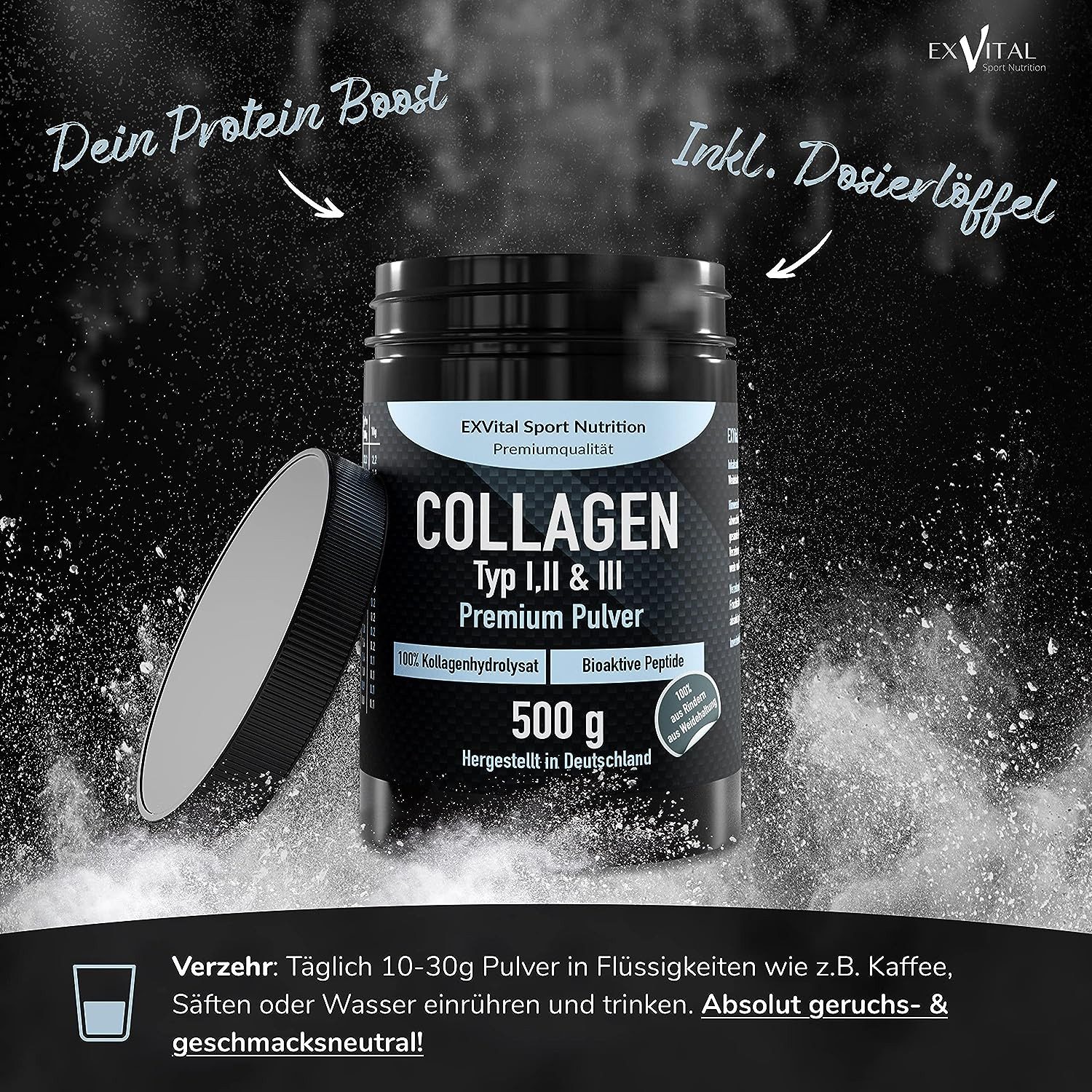 Collagen Pulver, Kollagen Hydrolysat Peptide, Typ 1, 2 & 3 Pulver, 500 g