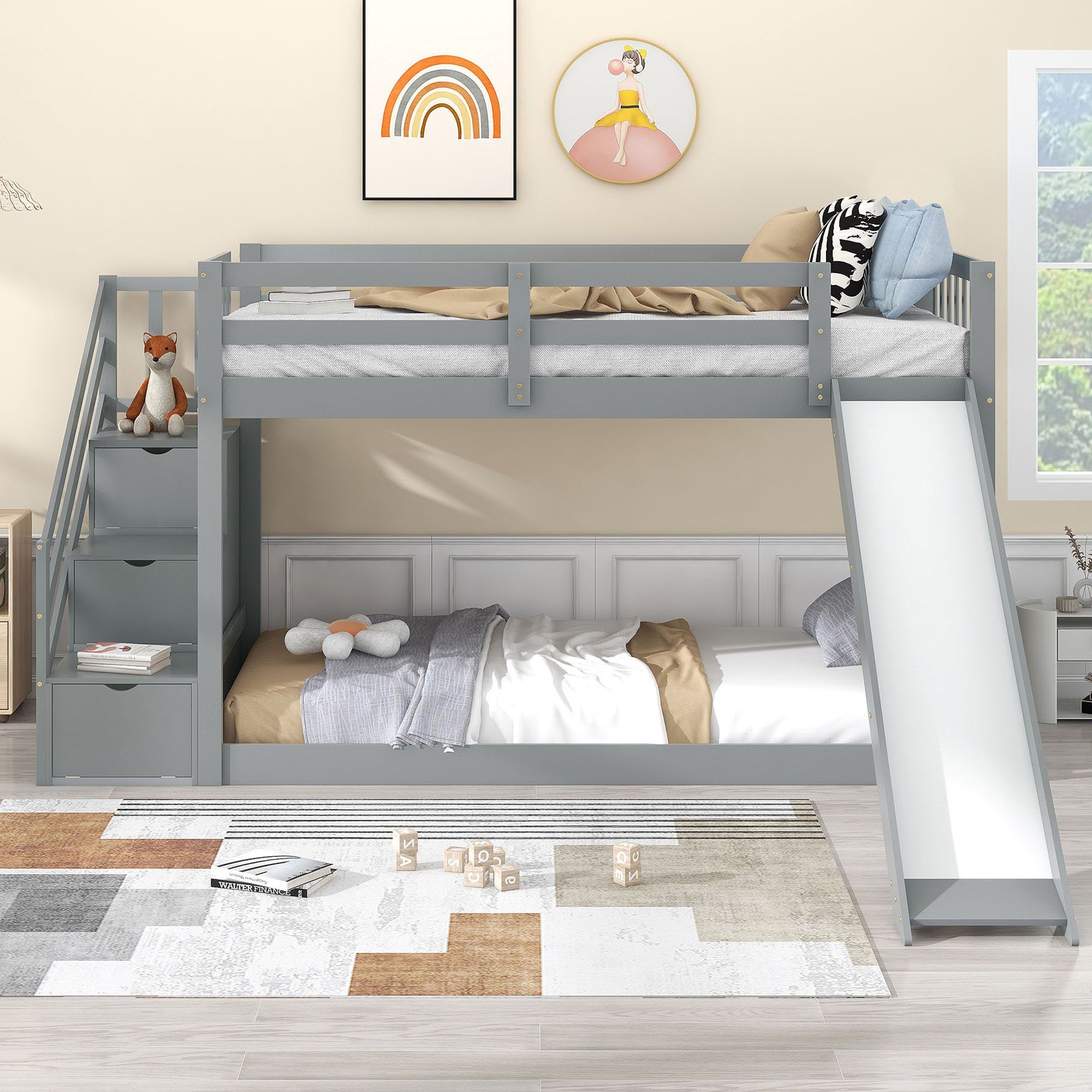 Flieks Etagenbett, Kinderbett mit Rutsche und Stauraumtreppe 90x200cm
