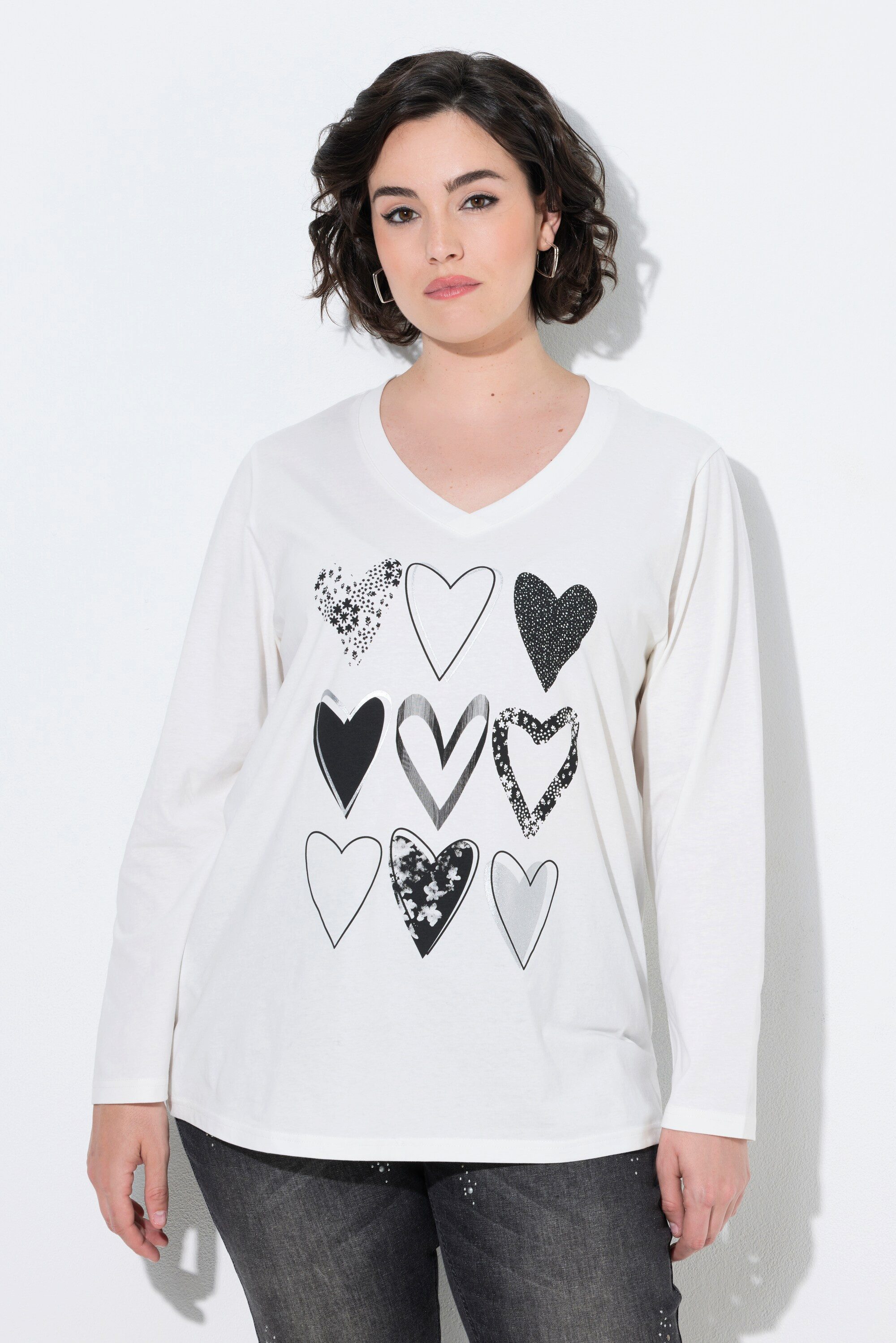 Ulla Popken Longshirt Langarmshirt Herzmotiv V-Ausschnitt Langarm