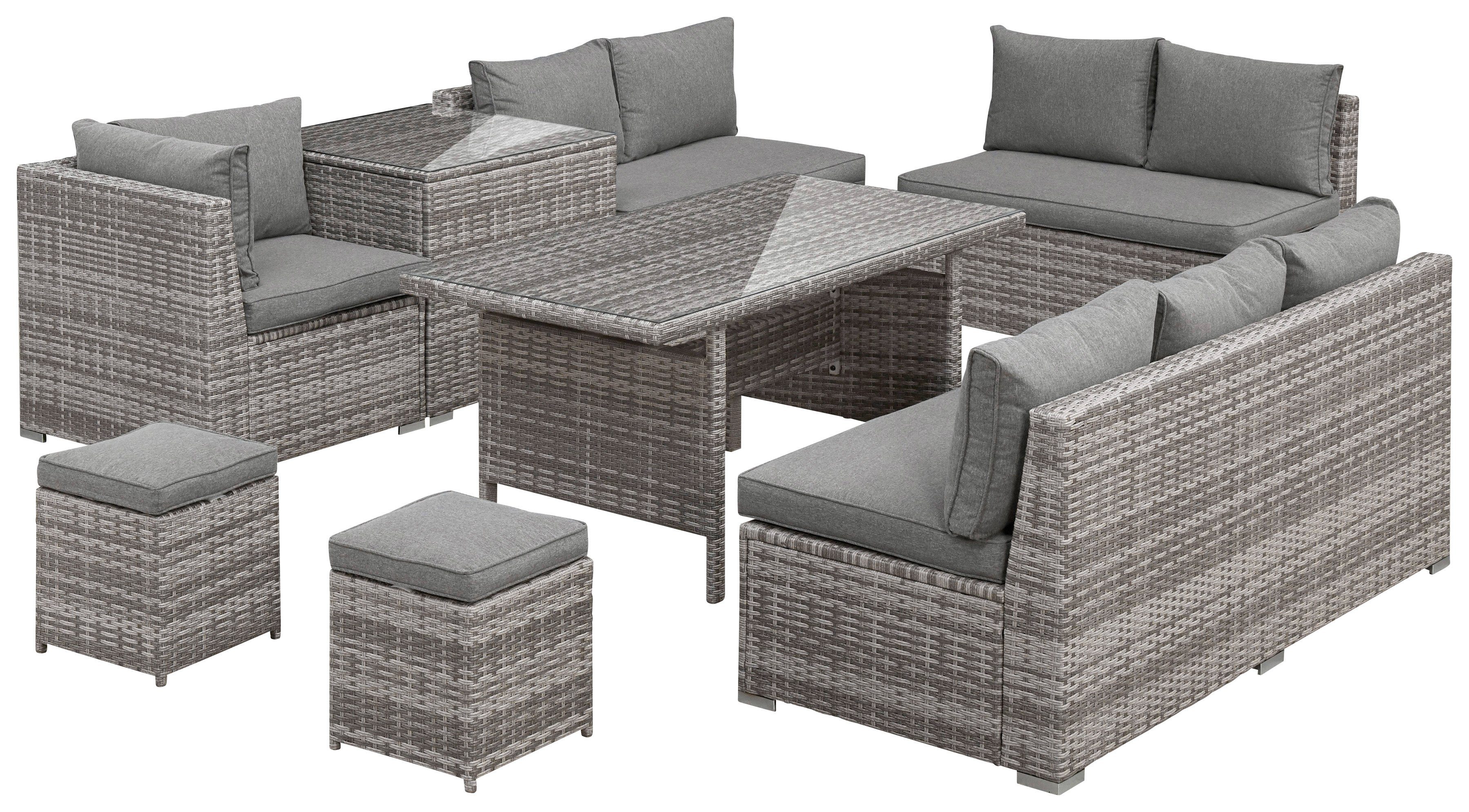 KONIFERA Gartenlounge-Set Kalamos, (Set, 23-tlg., 3er-Sofa, 2x 2er Sofa, Ecksofa, 2x Hocker, 2x Tisch, inkl. Auflagen), Polyrattan, Aluminium, 10 Personen, individuell aufstellbar