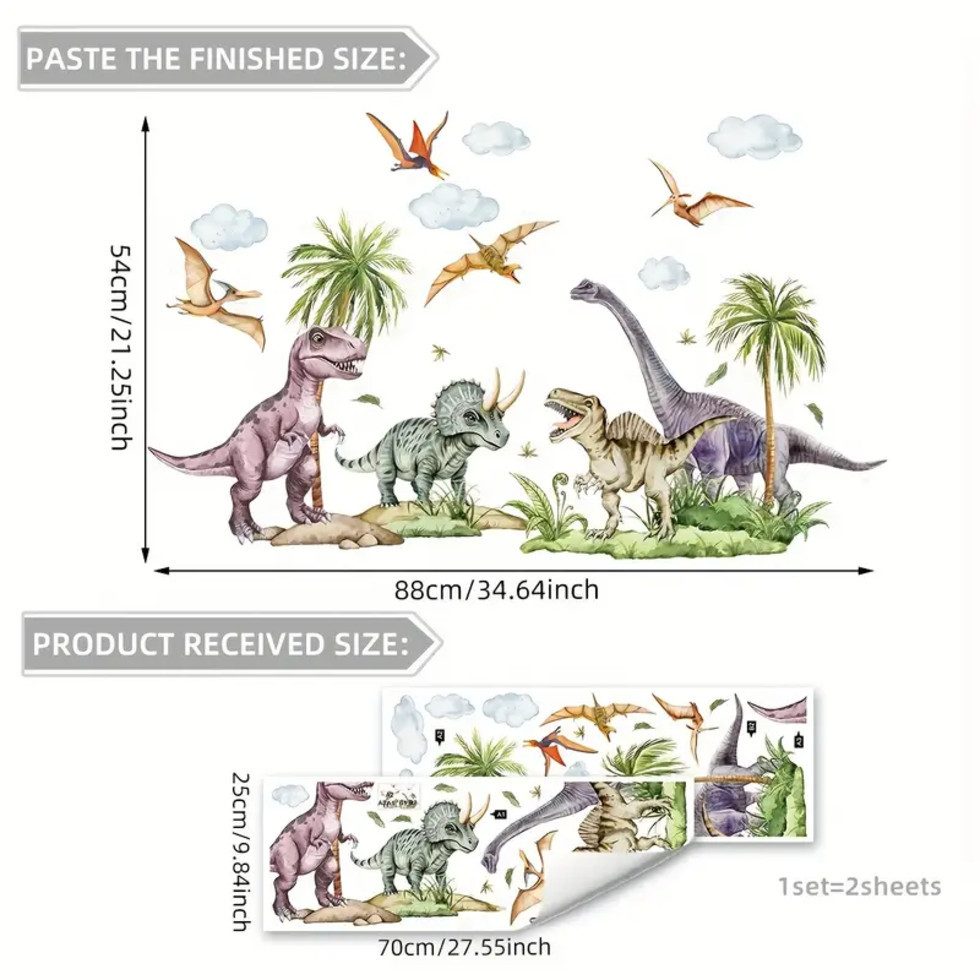 Montegoni Aufkleber 2er Set Dinosaurier Wandsticker selbstklebend für Kinderzimmer, (Kein Set (Single Item), Selbstklebend, wiederverwendbar, buntes Dino-2er-Set