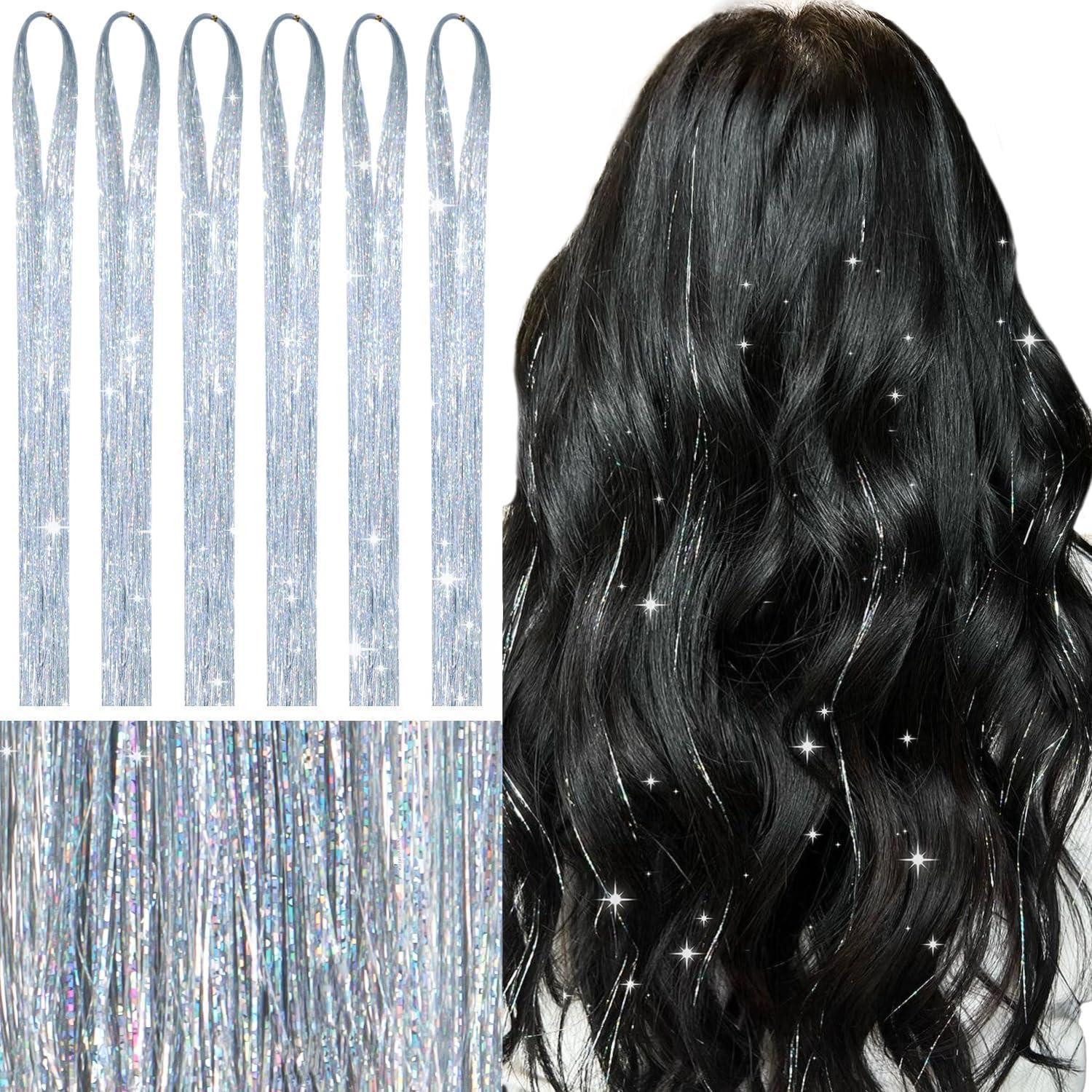 LuxusKollektion Kunsthaar-Extension Haarlametta Silber Glitzer Haarsträhnen 120cm - 6er-Pack T-#Silber