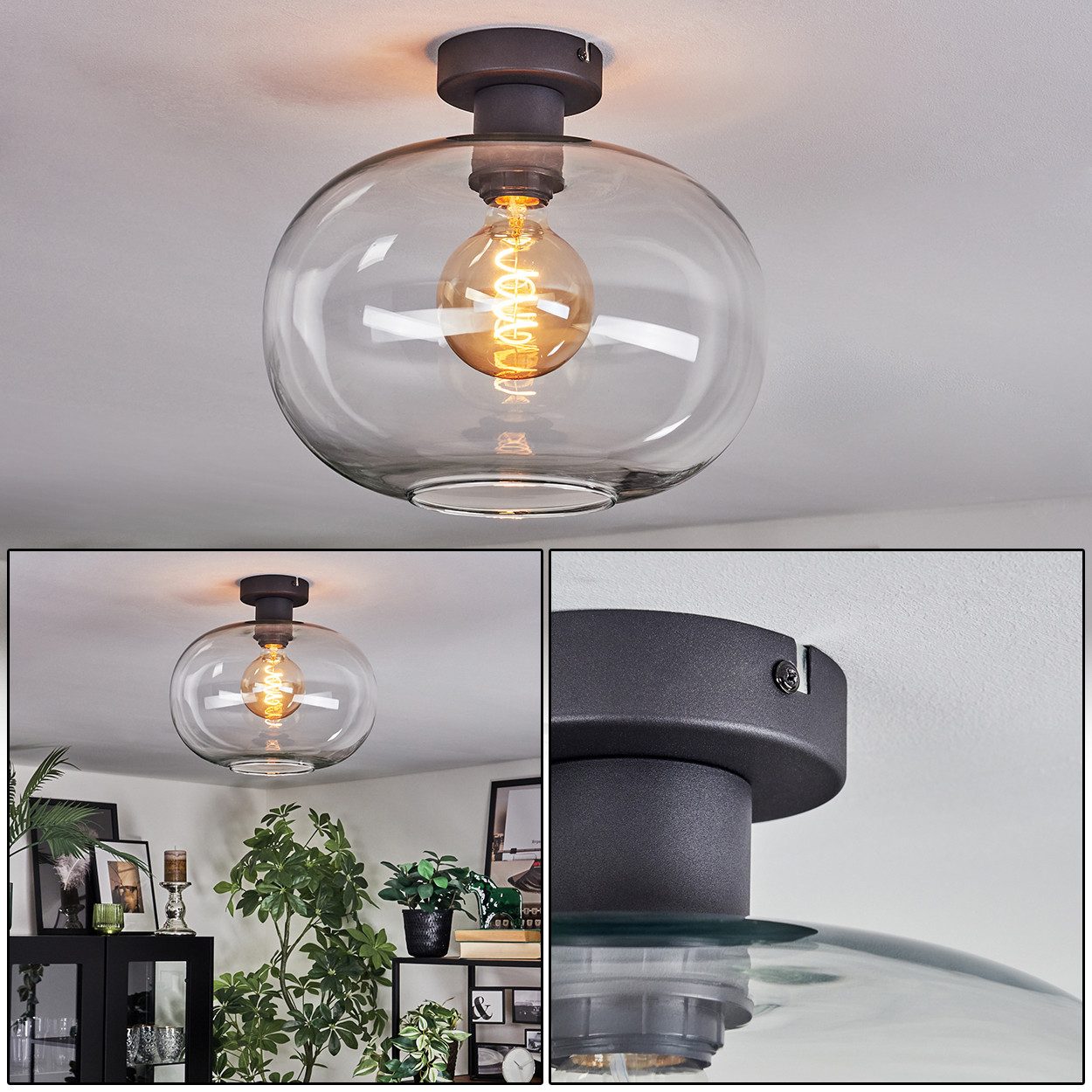 hofstein Deckenleuchte Deckenlampe aus Metall/Glas in Schwarz/Klar, Deckenleuchte im Retro/Vintage-Design (Schirm Ø 30 cm), E27