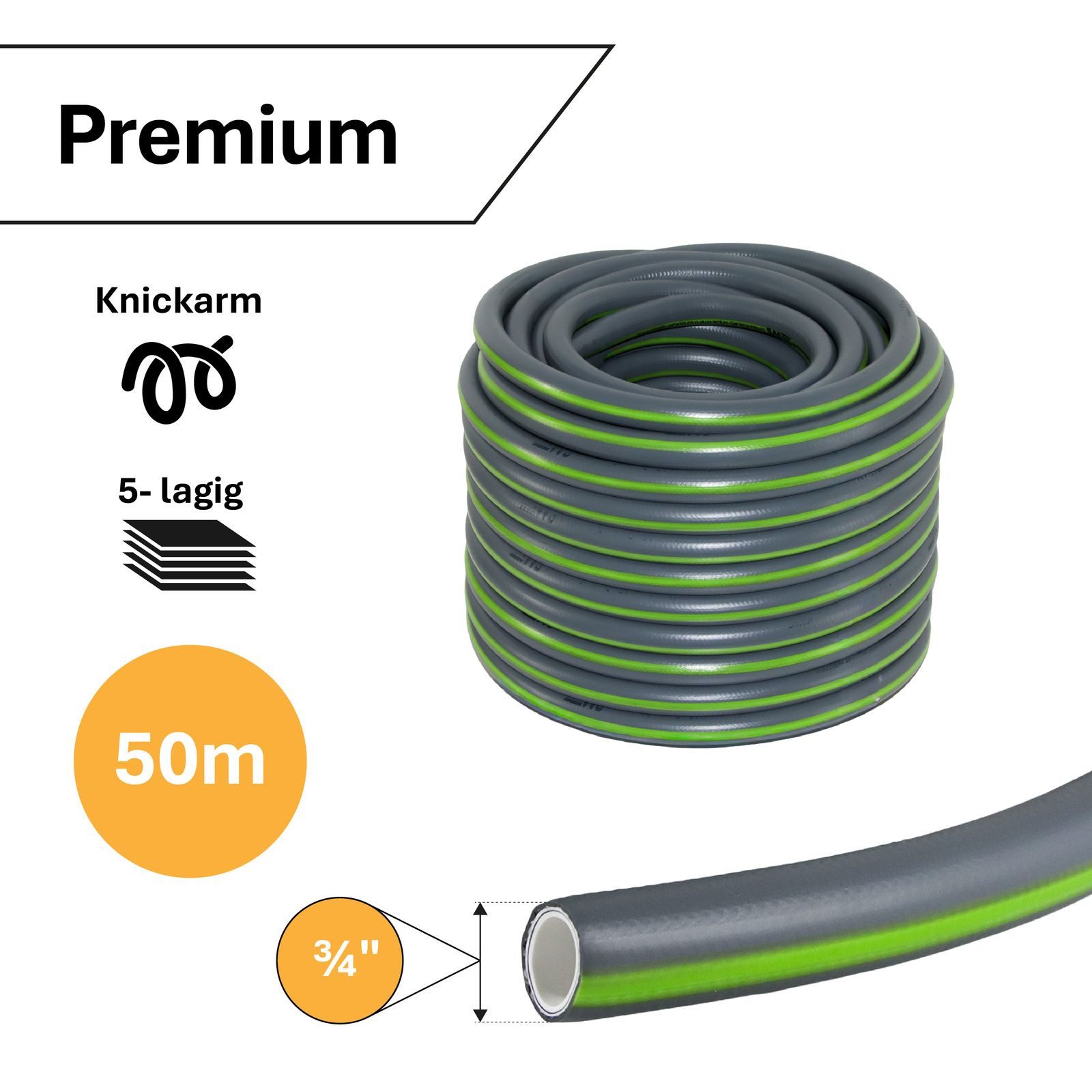 APD Schlauchtechnik Gartenschlauch Gartenschlauch Grau 3/4 Zoll 50 m 5-lagig knickfest Premium