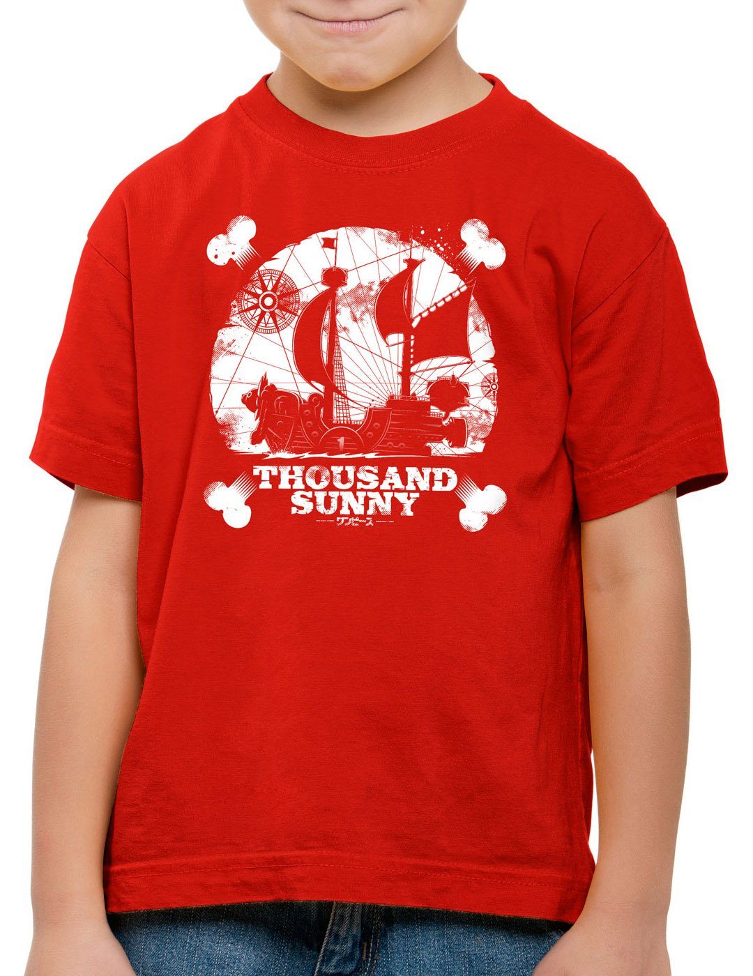 style3 Print-Shirt Kinder T-Shirt Thousand Sunny Emblem Strohhut Pirat rot | T-Shirts