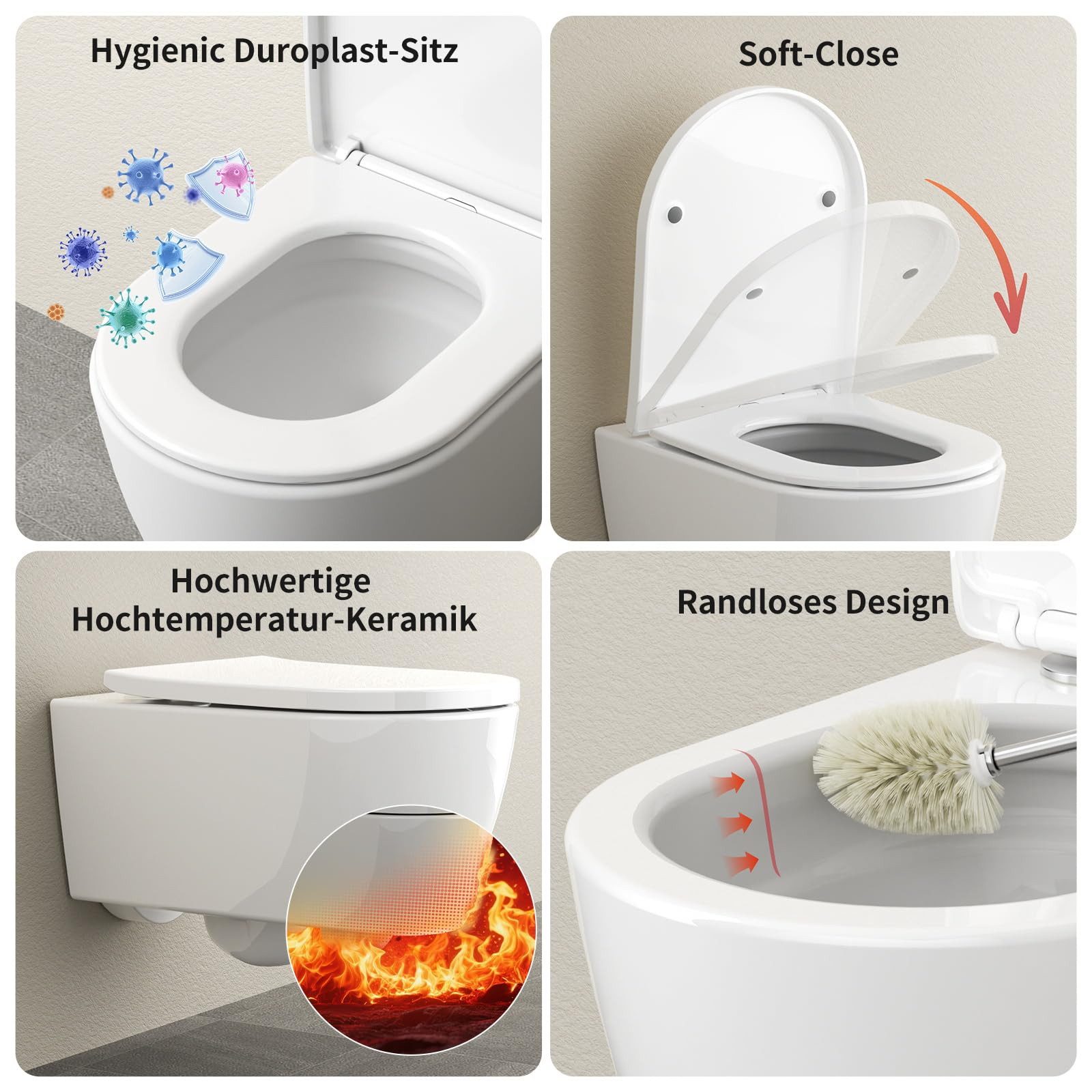 Rainsworth WC-Komplettset Vorwandelement WC mit Unterputz Spülkasten, wandhängend, WC-Sitz mit Absenkautomatik, Toilette spulrandlos