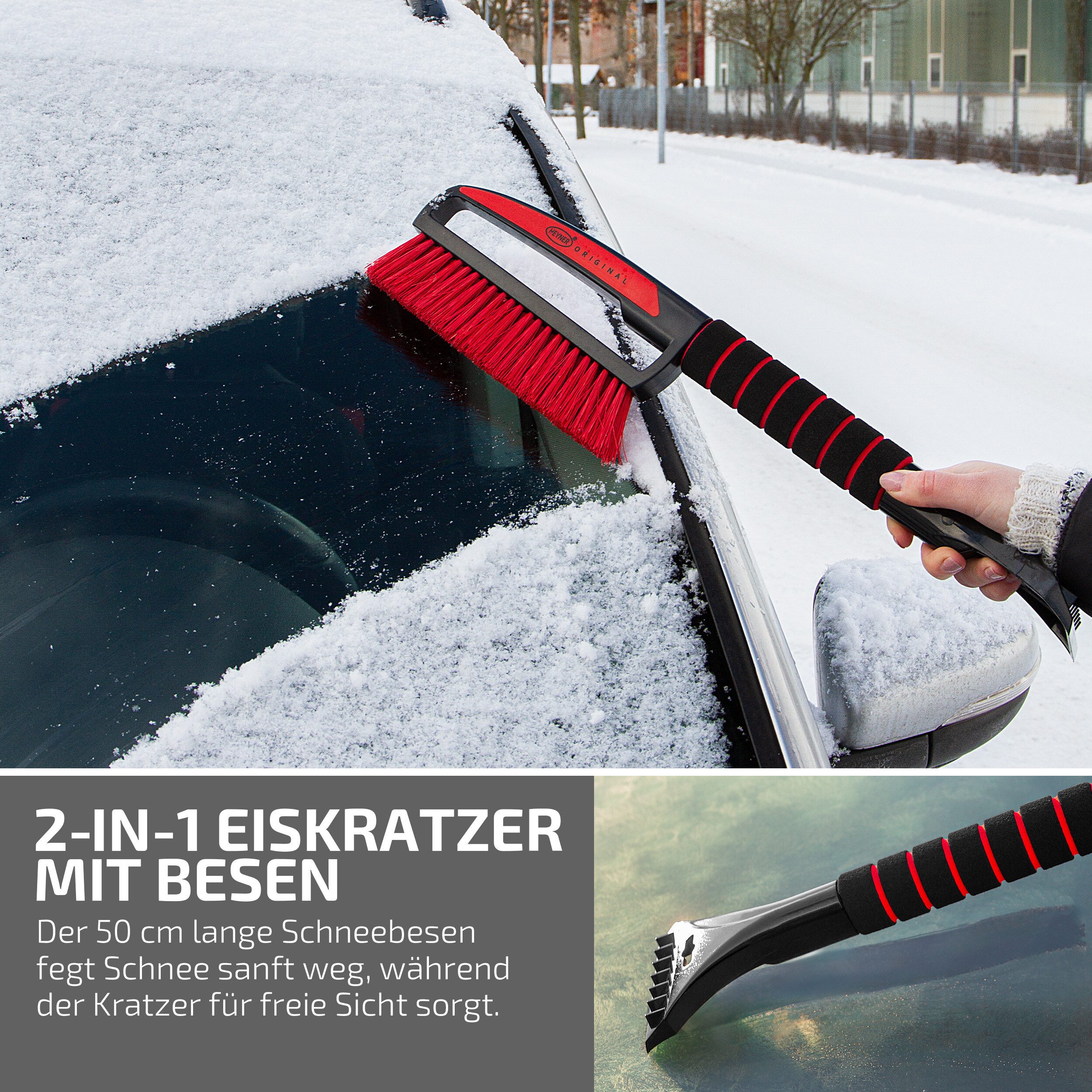 HEYNER Eiskratzer Auto Eiskratzer mit Schneebesen Eisschaber und Besen mit Softgriff