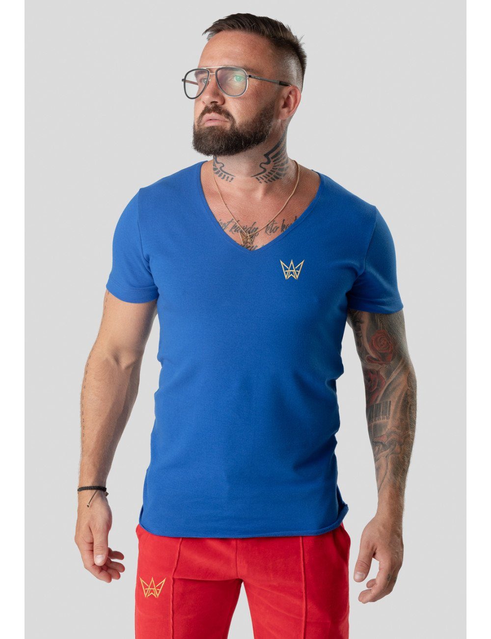 TRES AMIGOS T-Shirt Trendiges V-Neck Shirt mit Logostrickerei Blau
