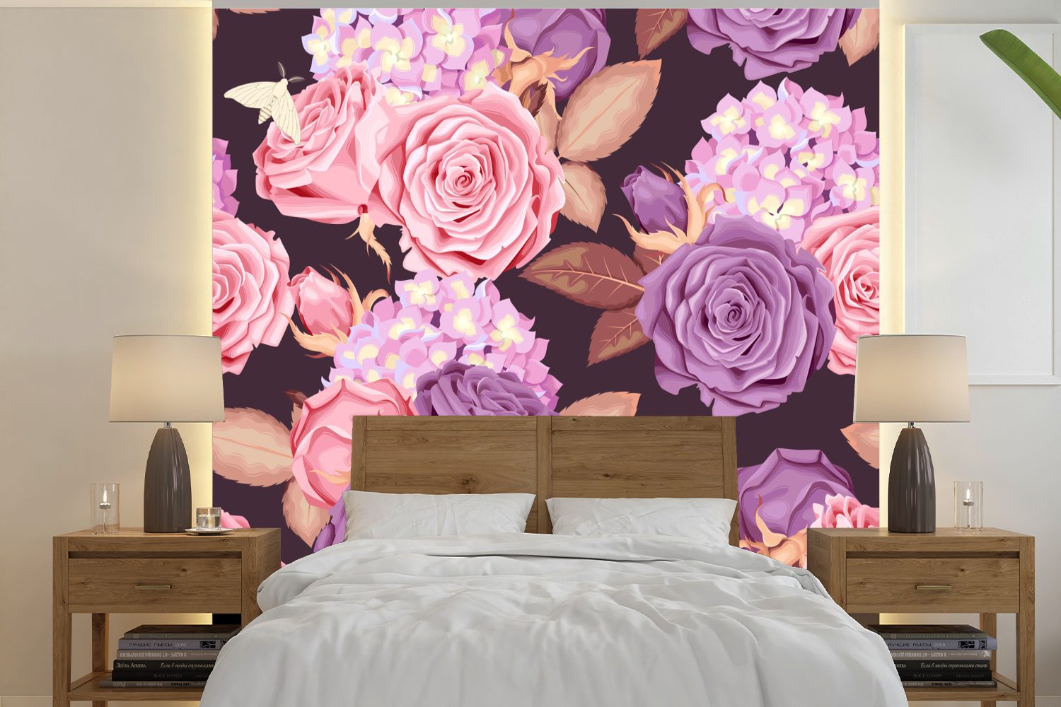 Blumen Fototapete - Schmetterlinge MuchoWow Wandtapete - Rosa Wohnzimmer bedruckt, - für Tapete Schlafzimmer, Lila, Vinyl oder St), Matt, (5