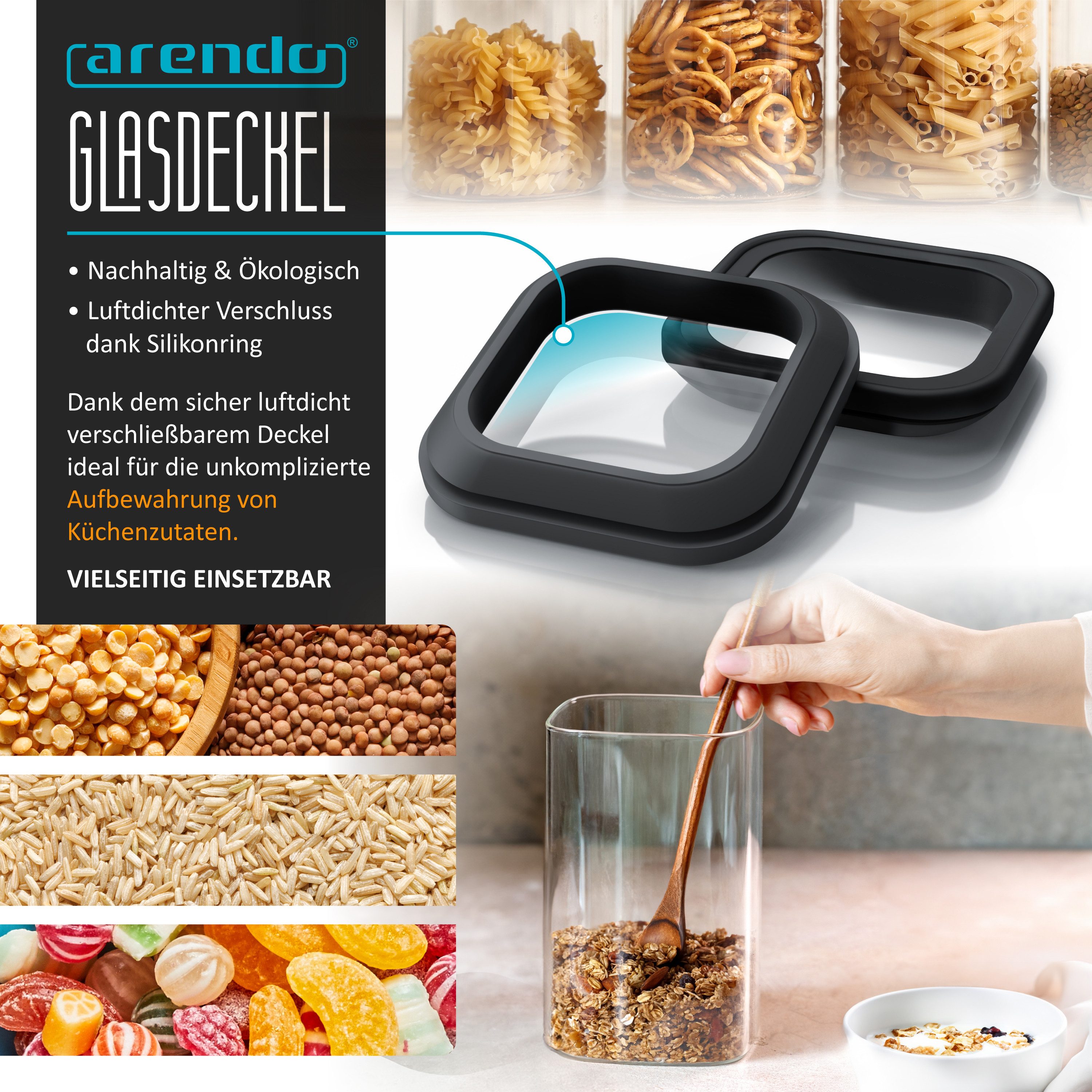 Arendo Vorratsglas eckig mit Glasdeckel und Silikondichtung, luftdicht, Borosilikatglas, (Packung, 2-tlg., 2 x 1200 ml), Glas gefrier-, mikrowellen- & spülmasch – Bild 4 von 5