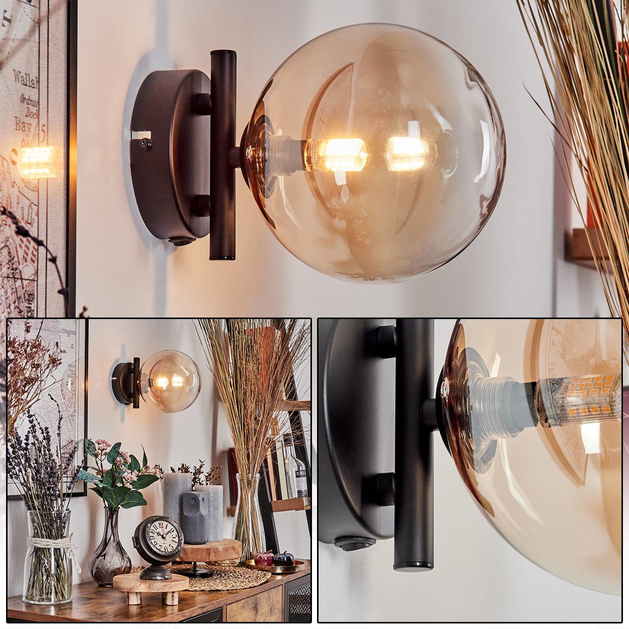 hofstein Wandleuchte Wandlampe aus Metall/Glas in Schwarz/Bernstein/Klar, o günstig online kaufen