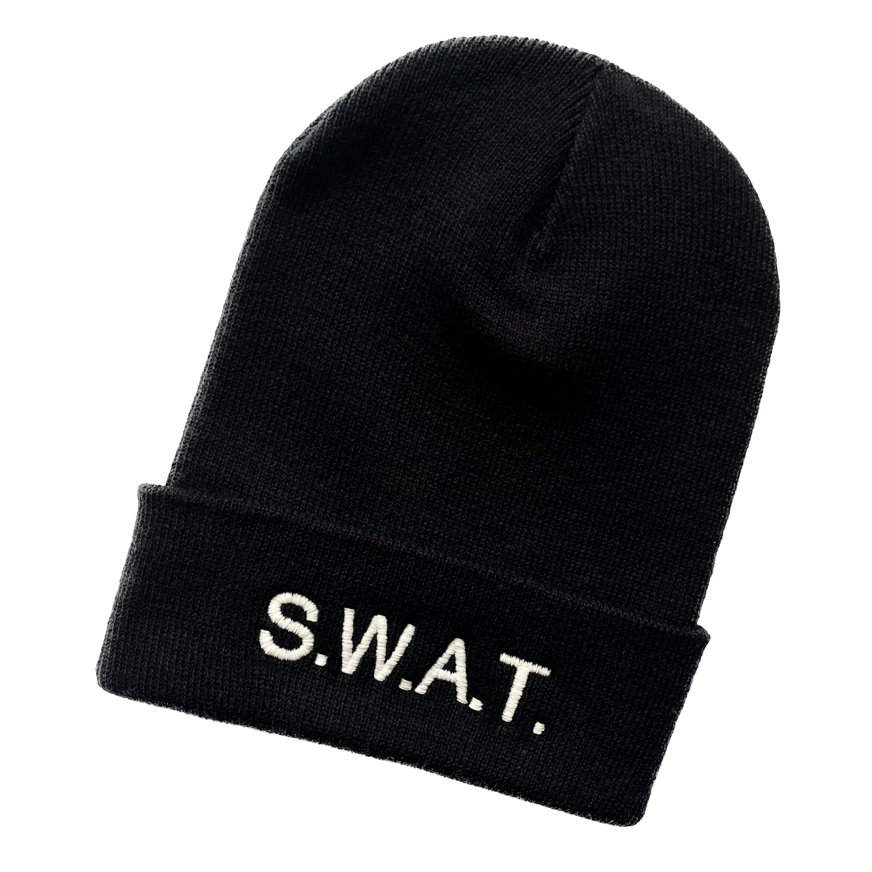 Schnoschi Strickmütze Strickmütze mit breiten Umschlag (Beanie Mütze) mit SWAT bestickt mit Umschlag schwarz