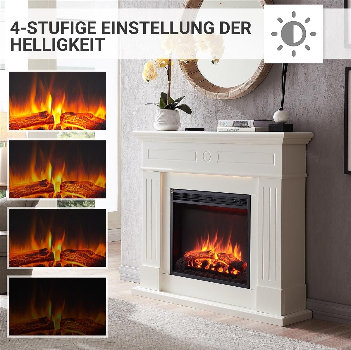 Balderia Elektrokamin Leandros Standkamin mit Heizung 2000 W, weiß, Standkamin mit Heizung 2 kW, LED-Flamme, Fernbedienung, Weiß – Bild 3 von 5