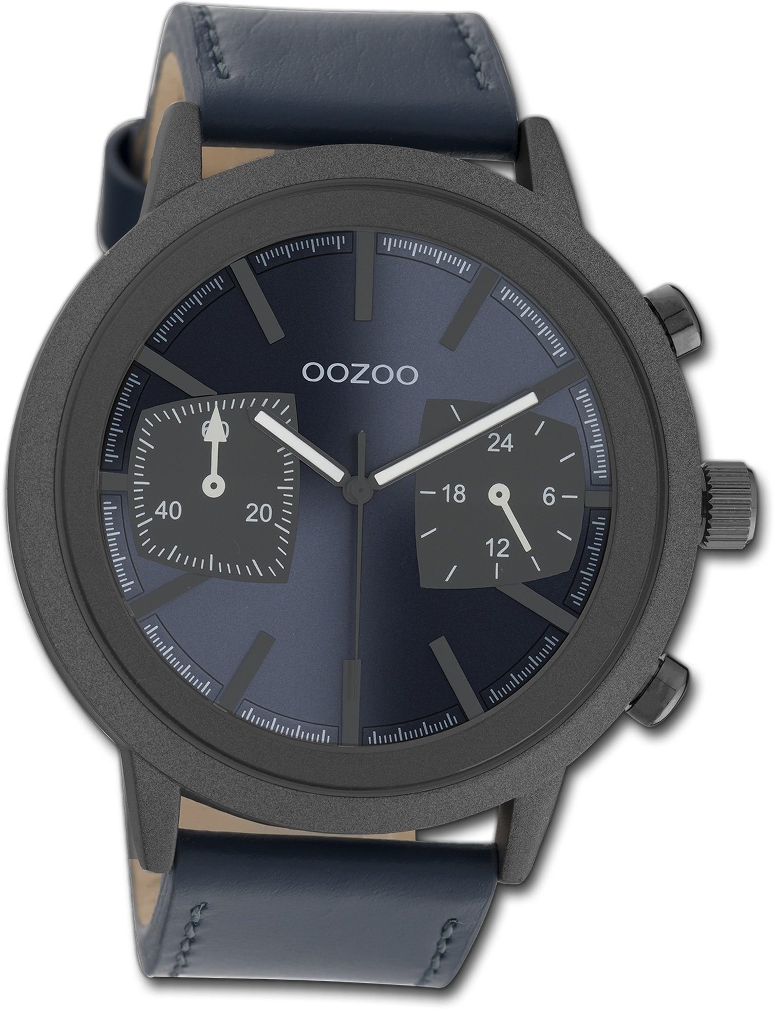 OOZOO Quarzuhr Oozoo Herren Armbanduhr Timepieces, Herrenuhr Lederarmband dunkelblau, rundes Gehäuse, extragroß (ca 50mm)