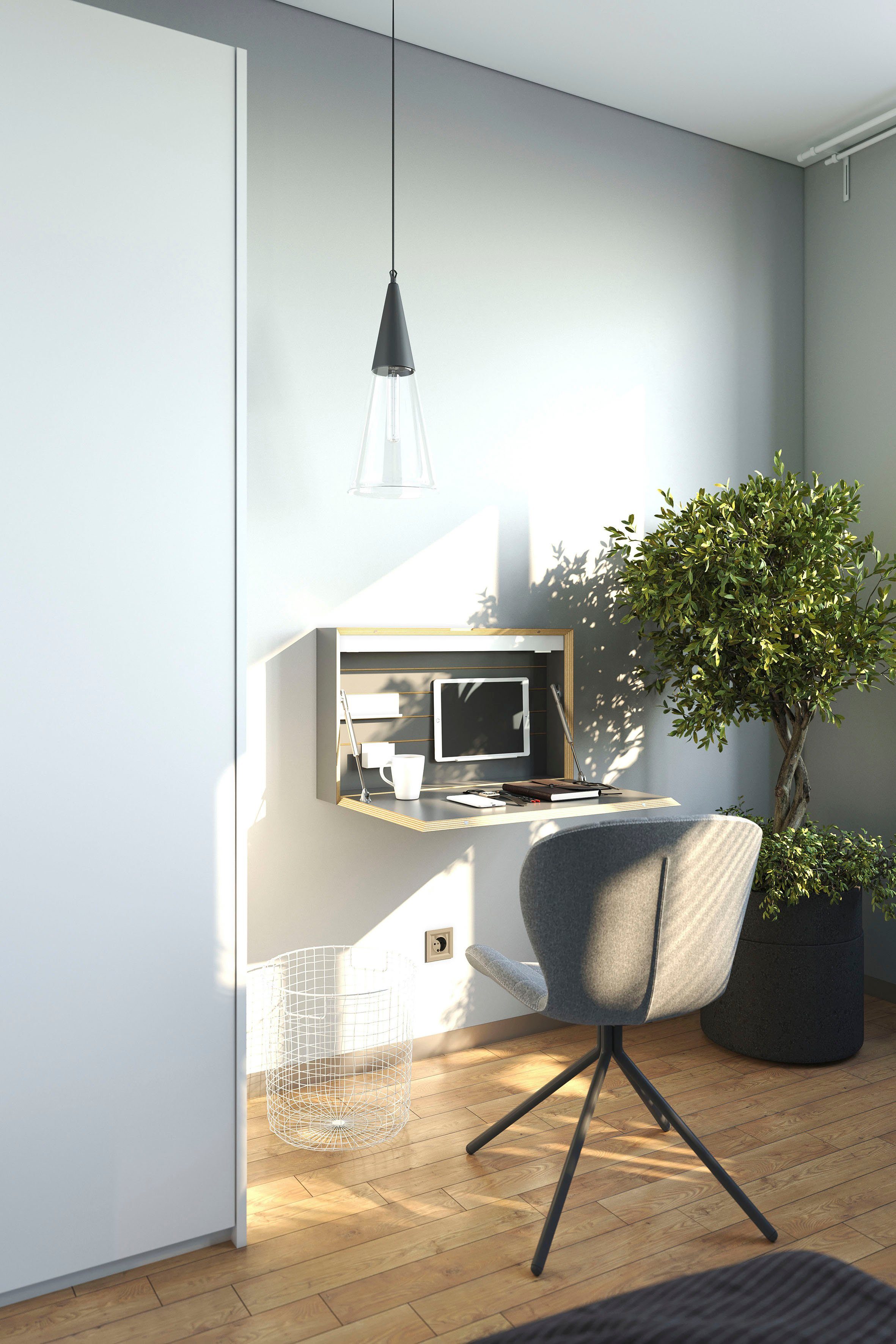 An/Aus-Schalter Birkenkante Wandsekretär LED mit wahlweise Müller LIVING SMALL mit Touch-Funktion oder FLATBOX, anthrazit Beleuchtung