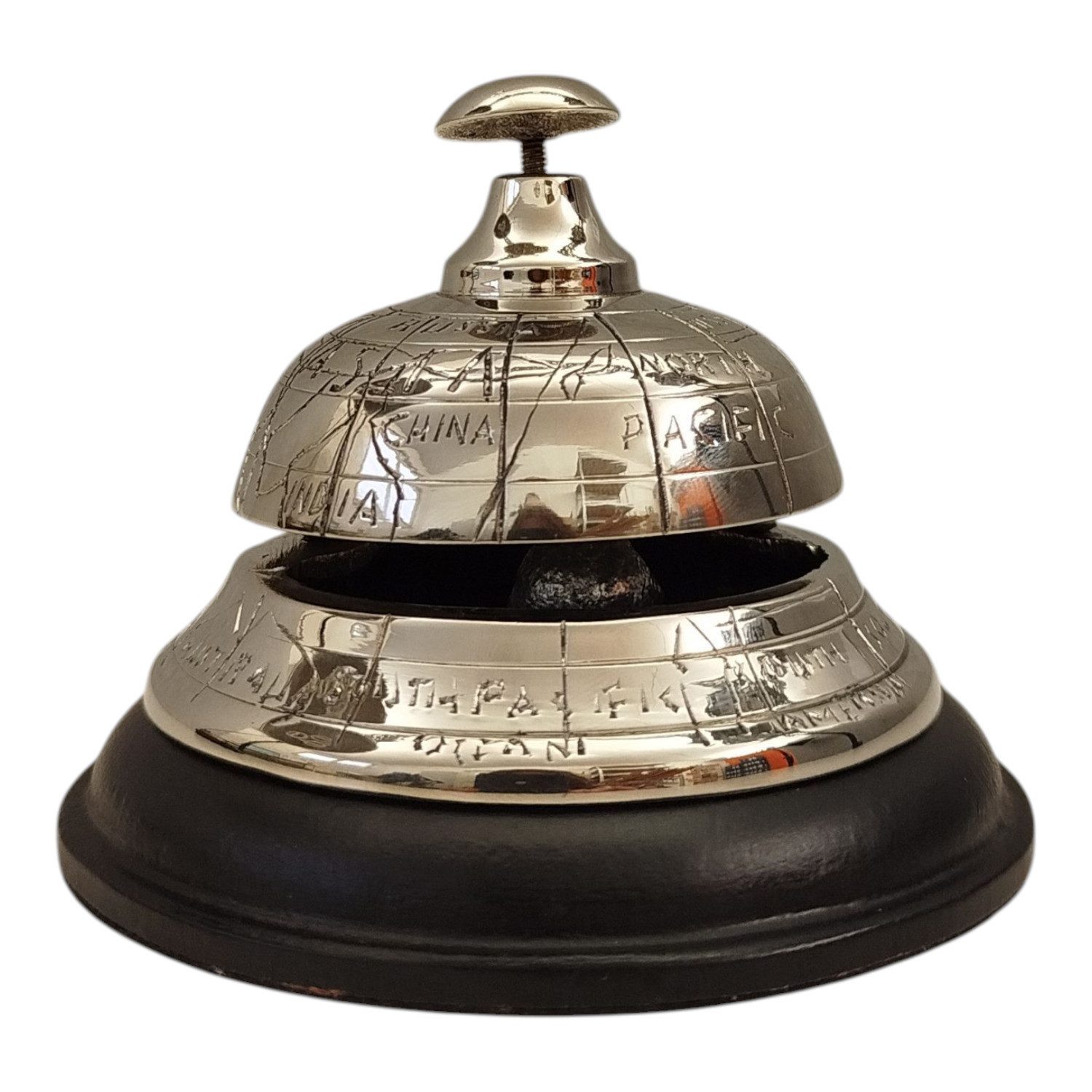 FTWdesign Glocke Hotel Tischklingel mit Weltkarte - Tischglocke Erdball