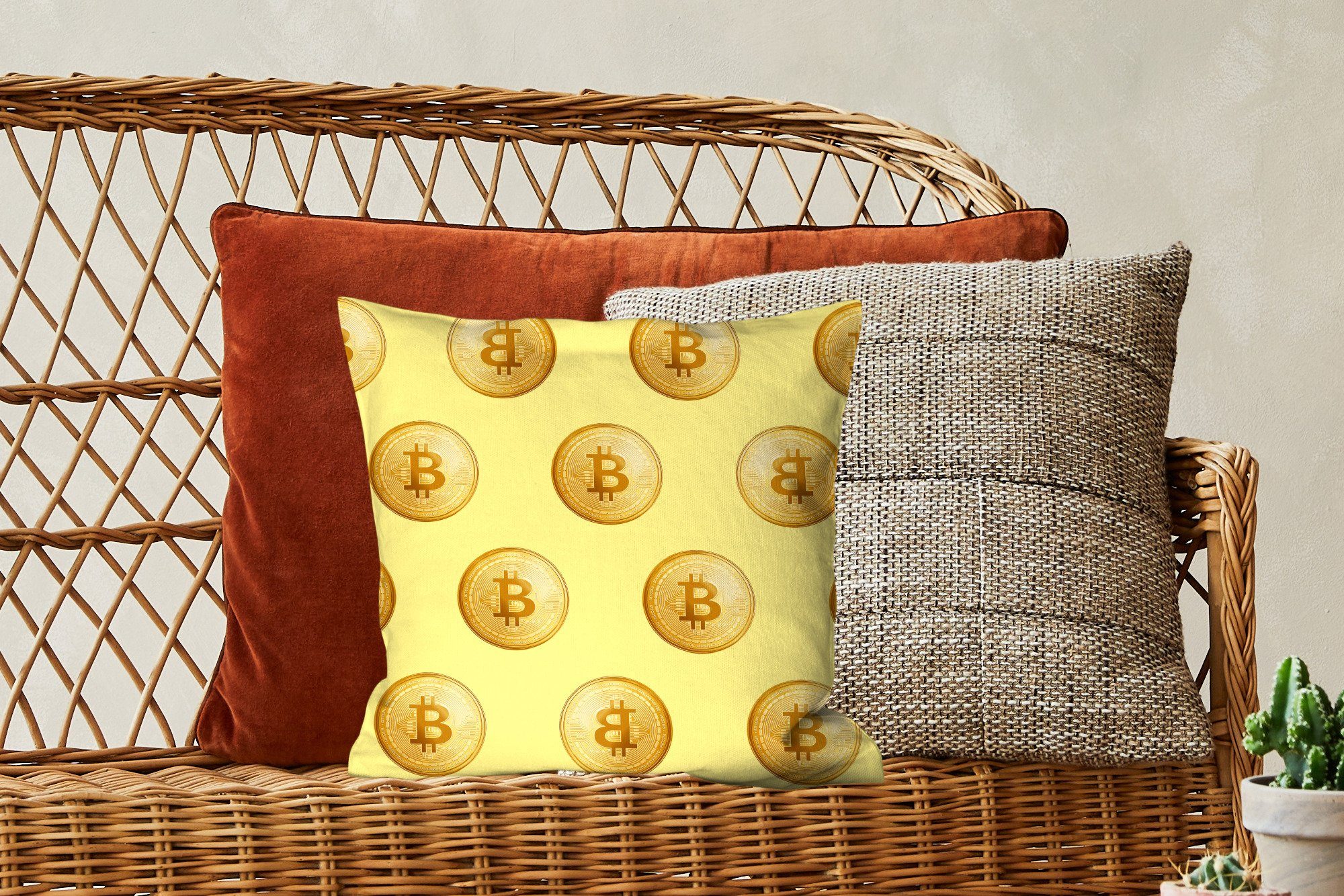 Muster mit MuchoWow Bitcoin - Gold Sofakissen Deko, Zierkissen Füllung - Schlafzimmer, - für Wohzimmer, Dekokissen Gelb,
