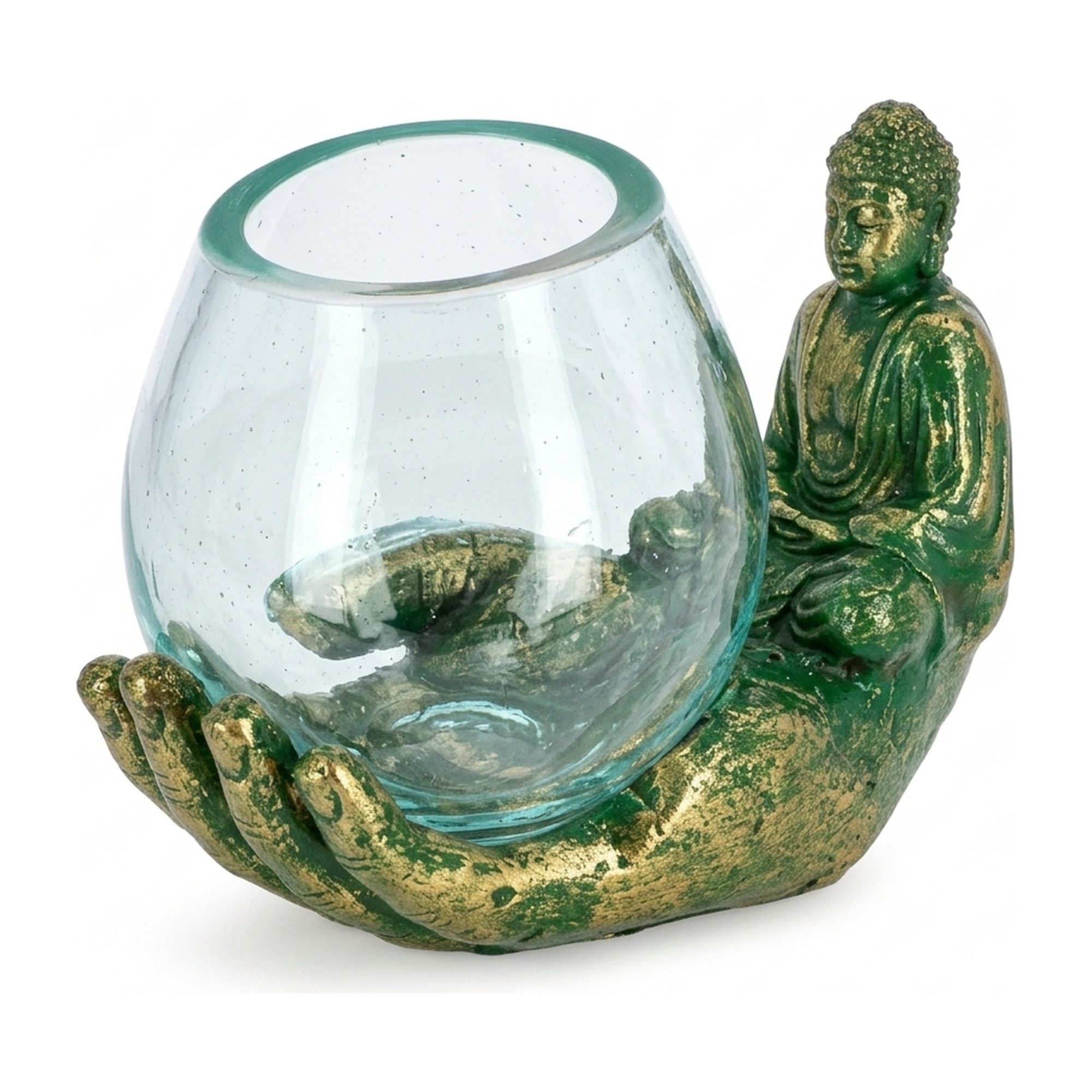 AlPa Living 100% Handmade Teelichthalter Buddha Hand, mit mundgeblasenem recyceltem Glas