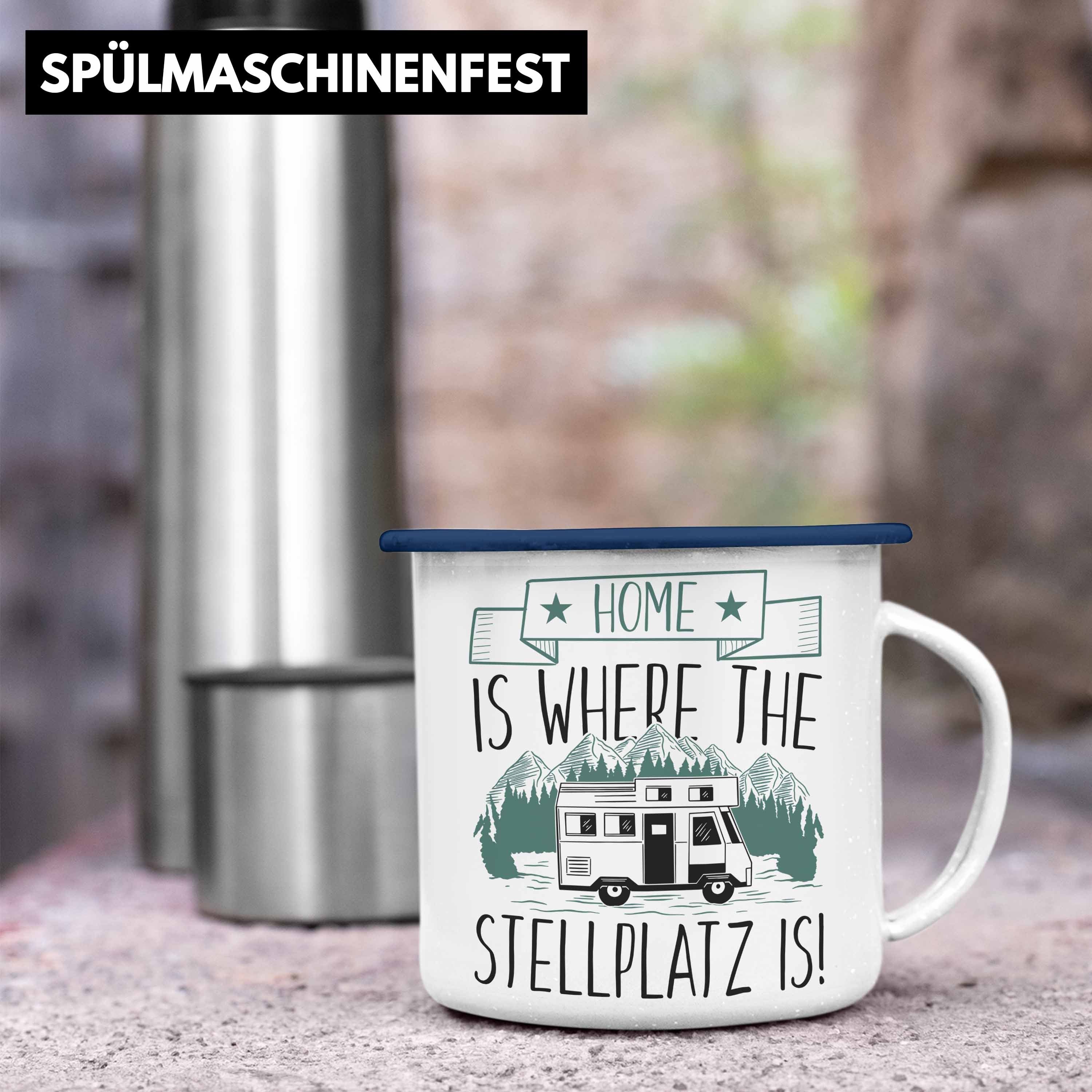 Trendation Thermotasse Trendation - Lustig Camper Where The Wohnmobilfahrer Wohnmobil Tasse Is Geschenkidee Home Emaille Blau Stellplatz Is Geschenk